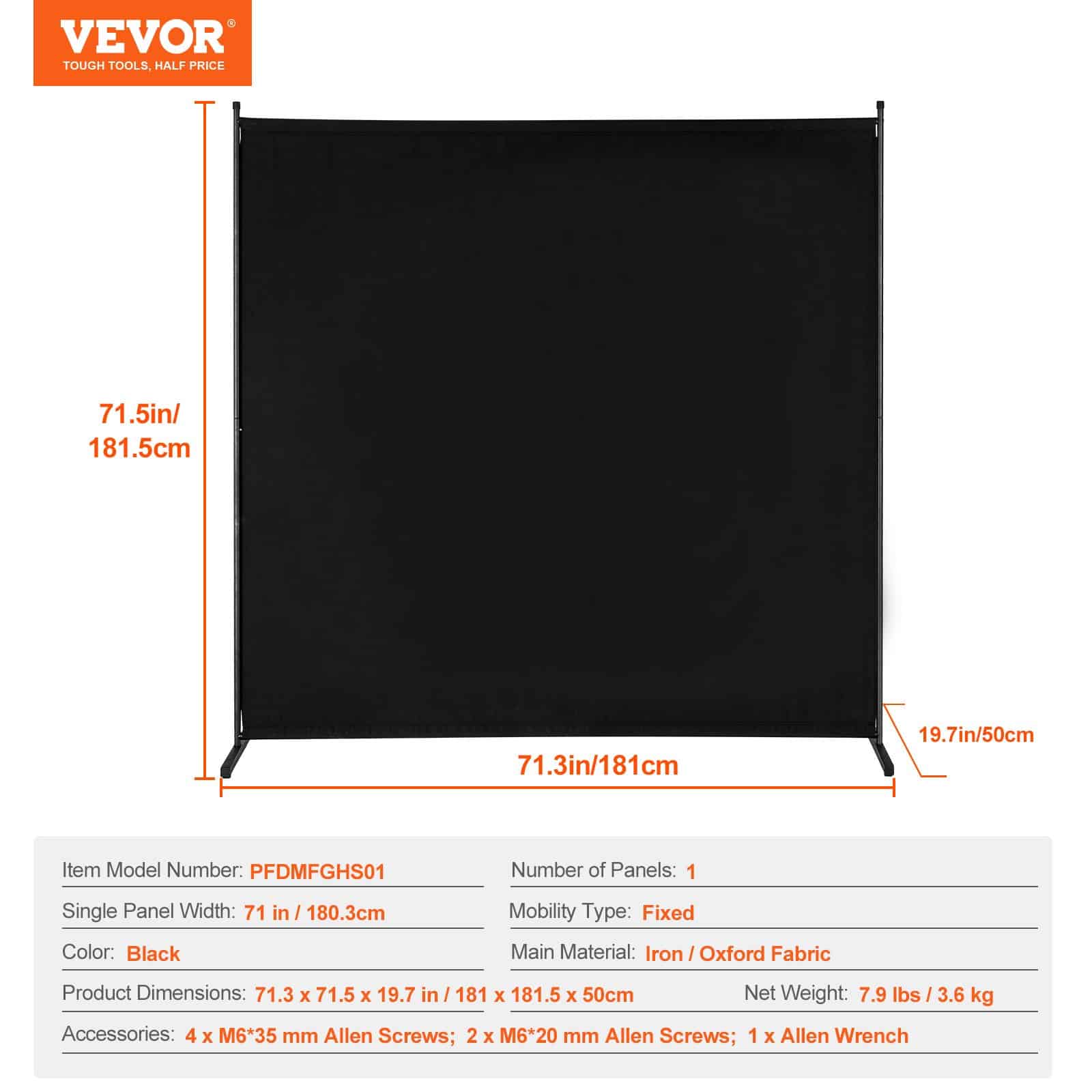 VEVOR 181x181 cm Freestanding Room Divider, Waterproof Oxford Fabric Privacy Screen for Home, Office, Black, Single Panel — изображение 7