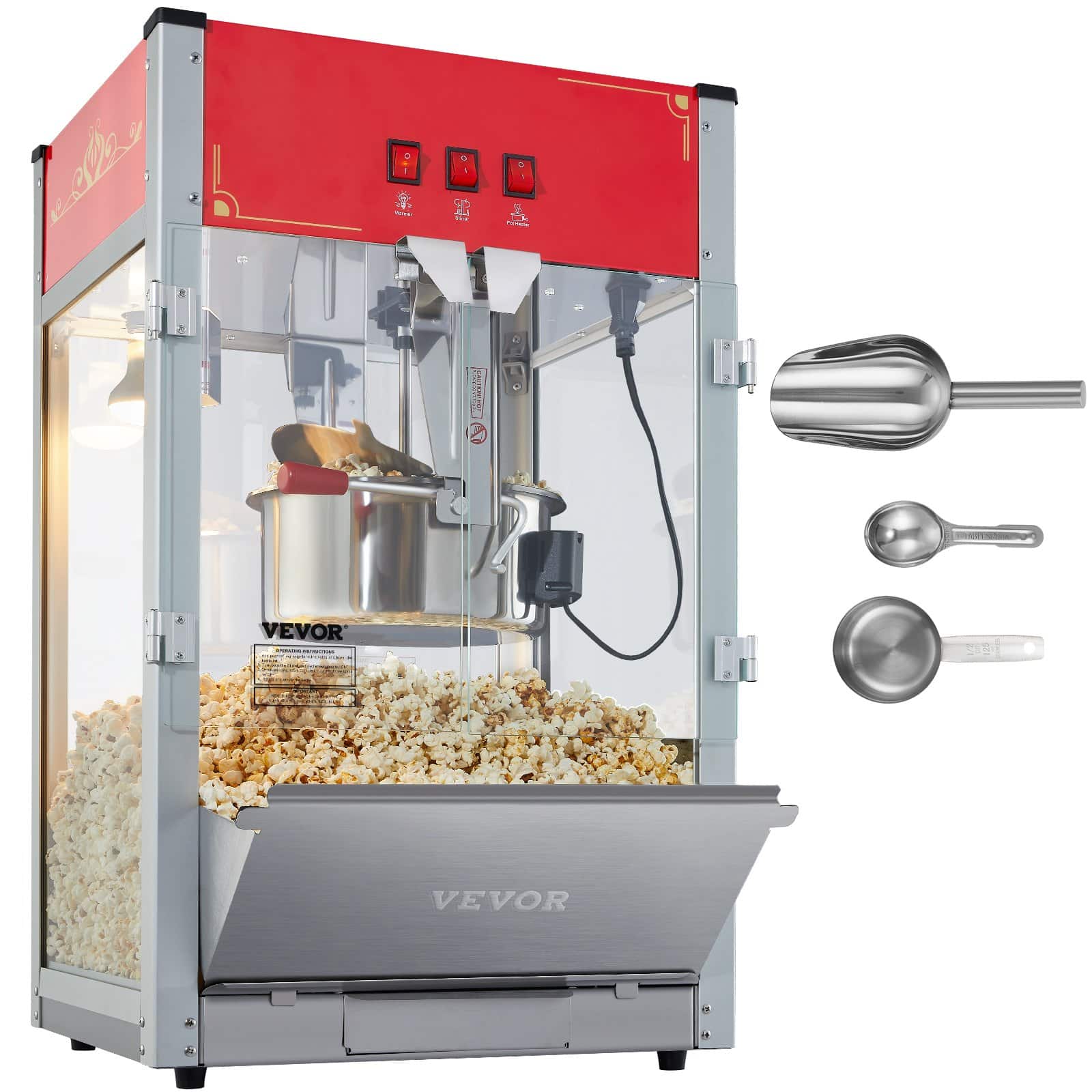 VEVOR 1440W Commercial Popcorn Maker with 12oz Kettle, Glass Panels, Scoops, Red – Makes up to 80 Cups per Batch