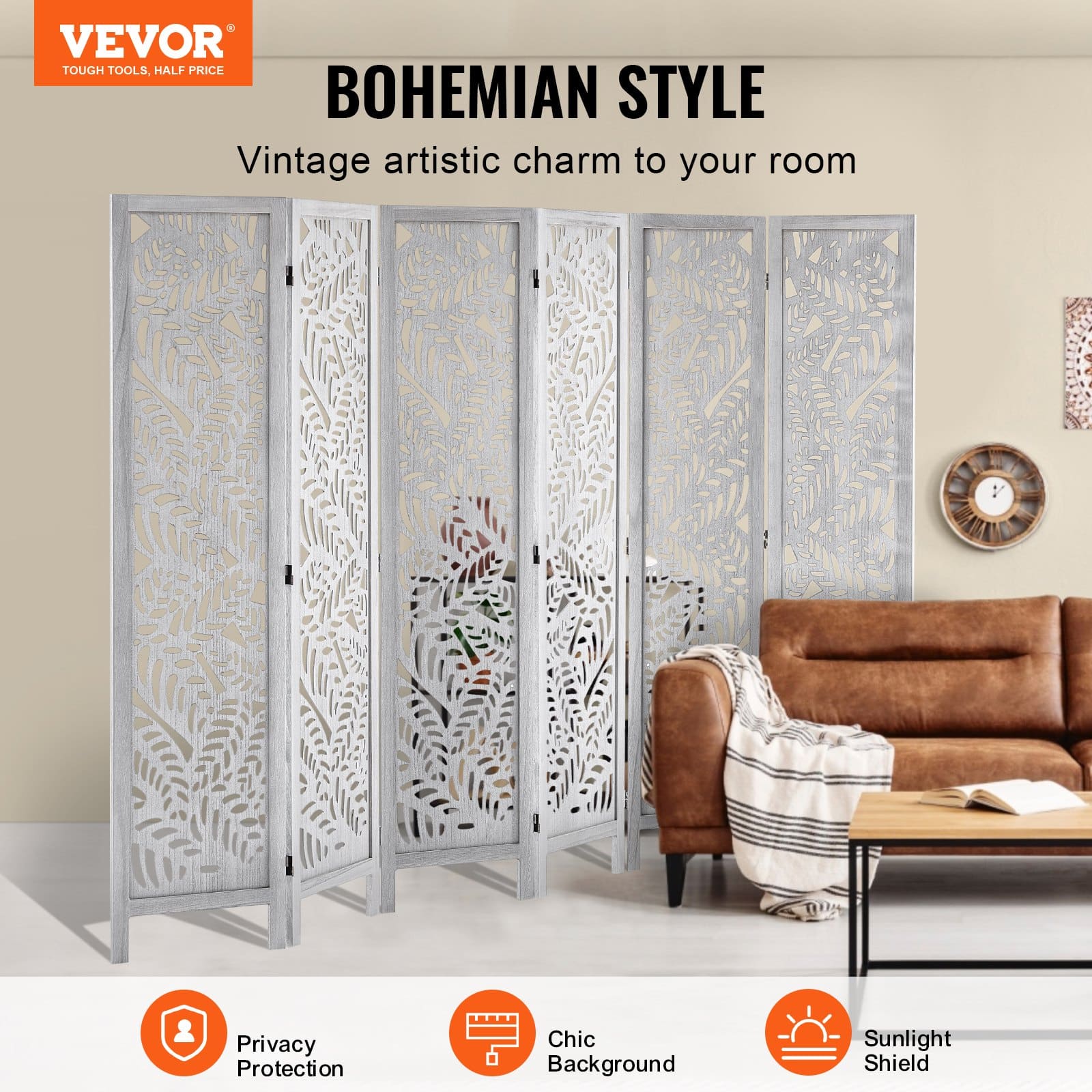 VEVOR 170 cm 6-Panel Wood Room Divider, Carved Folding Privacy Screen, Boho Style Partition for Home, Office, Bedroom, Restaurant - Image 2