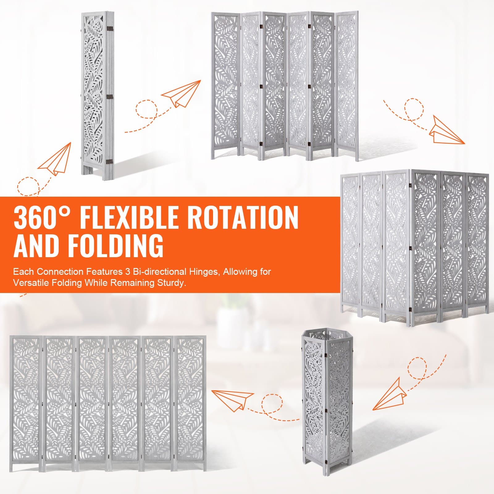 VEVOR 170 cm 6-Panel Wood Room Divider, Carved Folding Privacy Screen, Boho Style Partition for Home, Office, Bedroom, Restaurant - Image 3