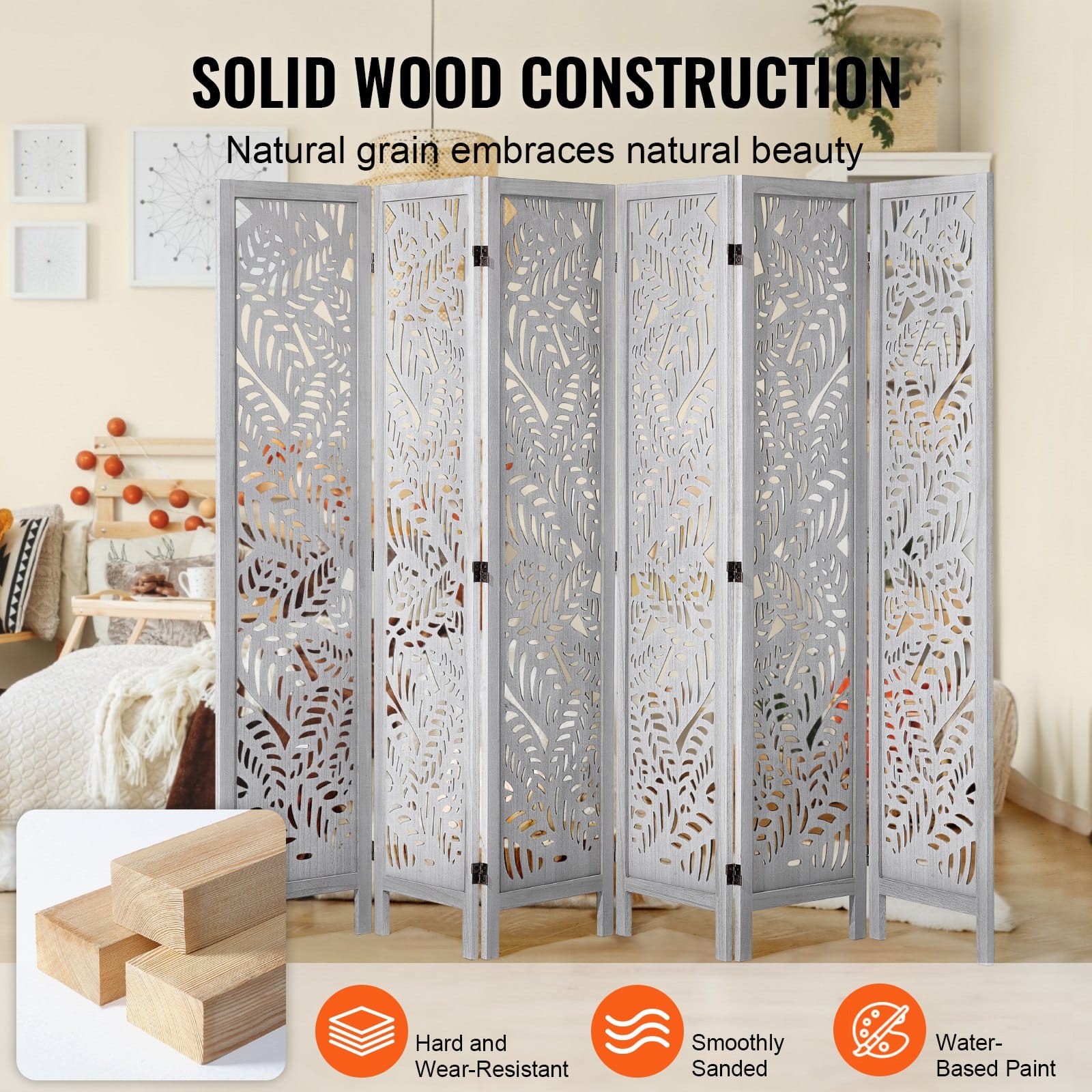 VEVOR 170 cm 6-Panel Wood Room Divider, Carved Folding Privacy Screen, Boho Style Partition for Home, Office, Bedroom, Restaurant - Image 4