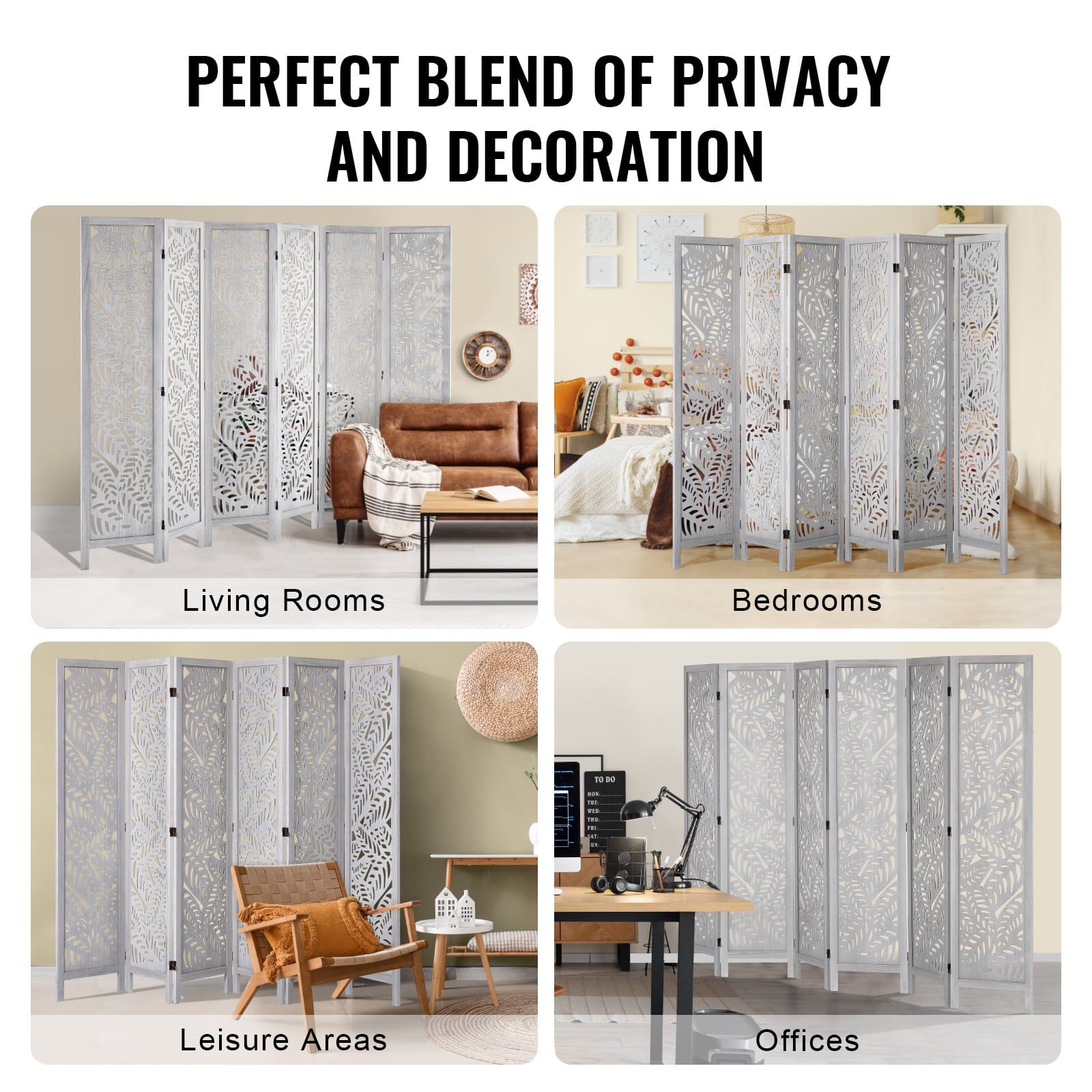 VEVOR 170 cm 6-Panel Wood Room Divider, Carved Folding Privacy Screen, Boho Style Partition for Home, Office, Bedroom, Restaurant - Image 6