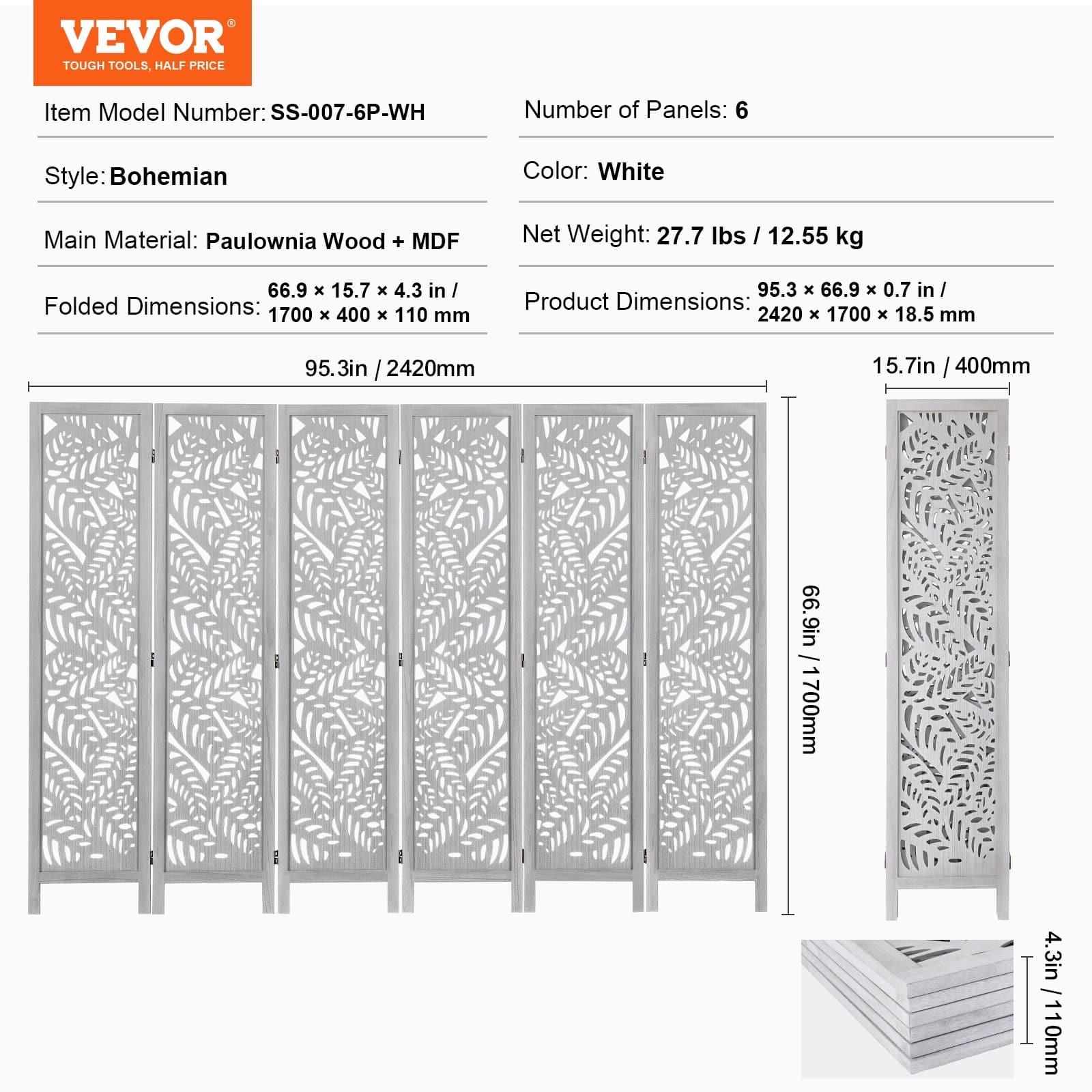 VEVOR 170 cm 6-Panel Wood Room Divider, Carved Folding Privacy Screen, Boho Style Partition for Home, Office, Bedroom, Restaurant - Image 7