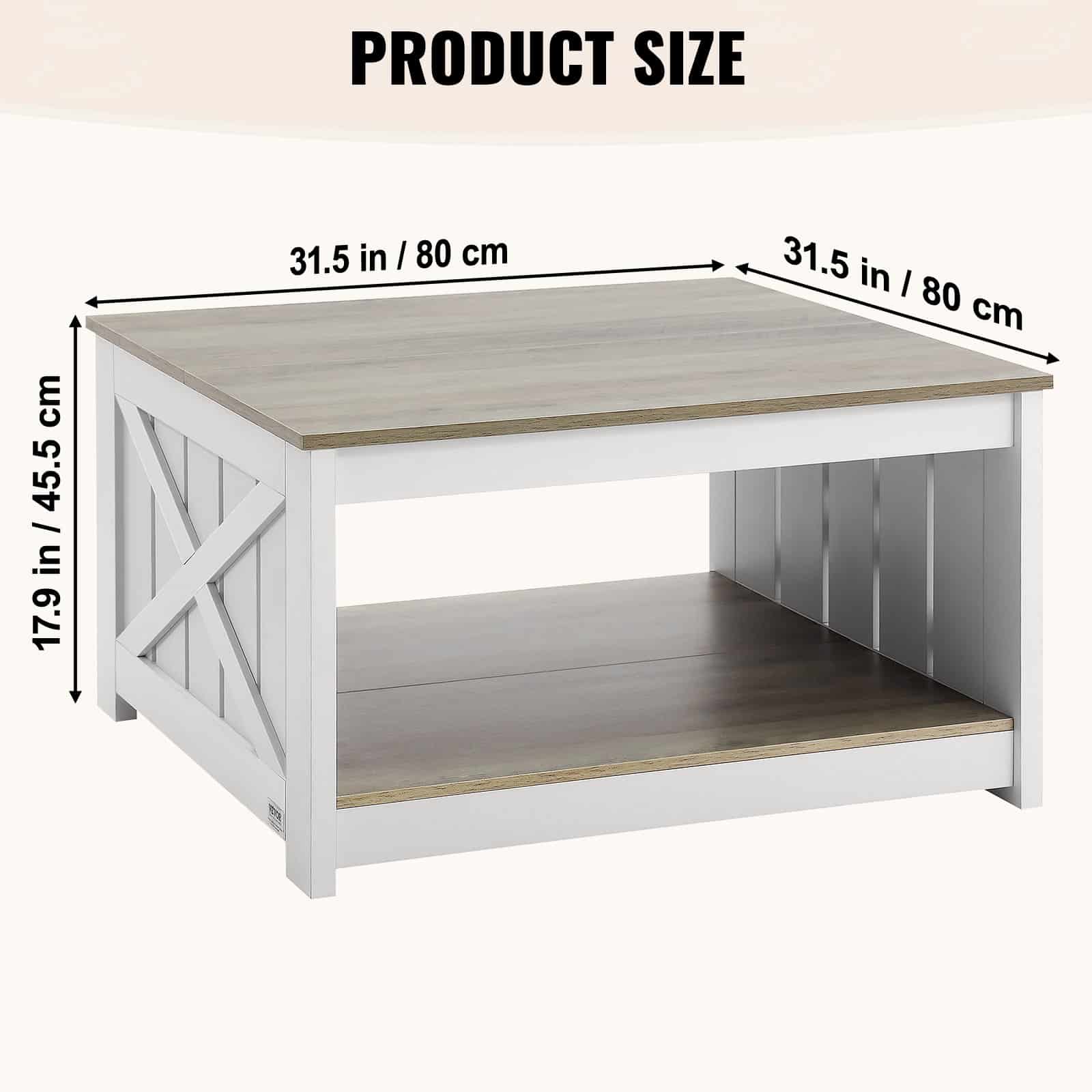 VEVOR 80cm Square Farmhouse Coffee Table with Open Storage, Rustic Wooden Table for Living Room, Gray & White - Image 6