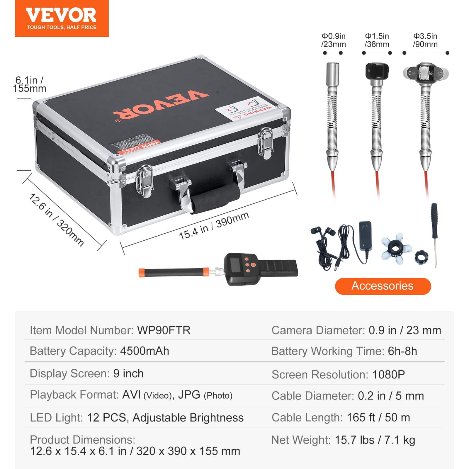 VEVOR 50m Sewer Inspection Camera with 512Hz Locator, 9'' HD Screen, Self-Leveling, 36X Zoom, 12 LED, IP68 Waterproof, 32GB Card — изображение 7