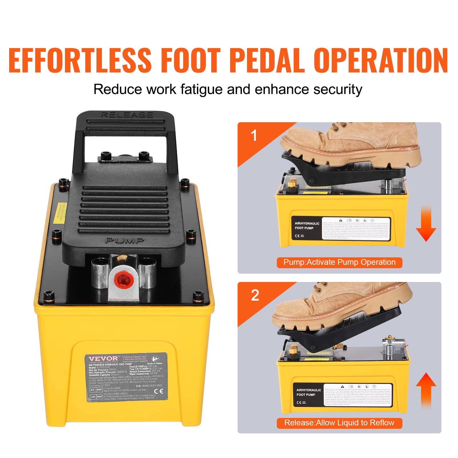 VEVOR 689 bar Air Hydraulic Foot Pump, 1.6 L Tank, 3/8" Oil Outlet, 1/4" Inlet, for Auto Repair & Hydraulic Press Use - Image 5