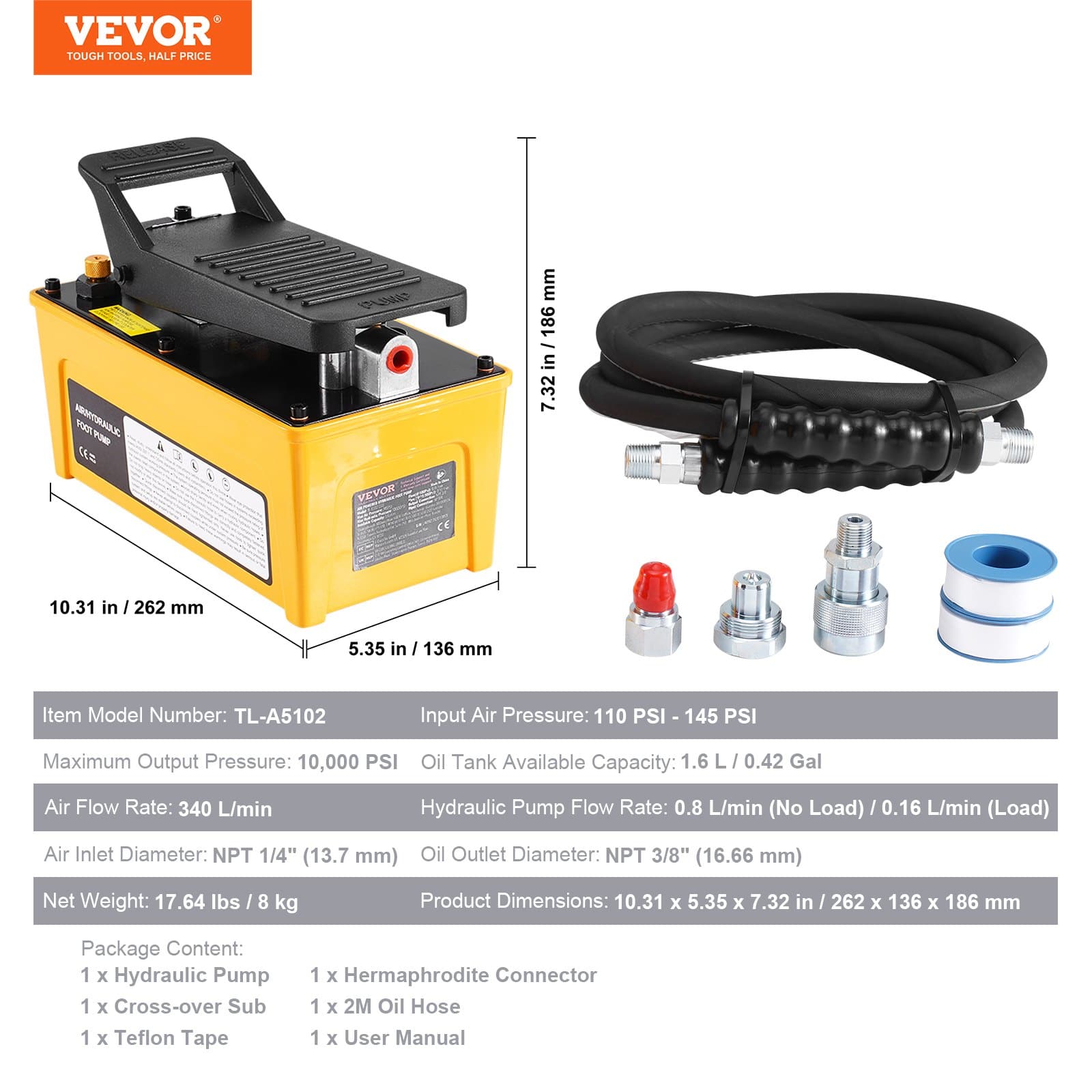 VEVOR 689 bar Air Hydraulic Foot Pump, 1.6 L Tank, 3/8" Oil Outlet, 1/4" Inlet, for Auto Repair & Hydraulic Press Use - Image 7