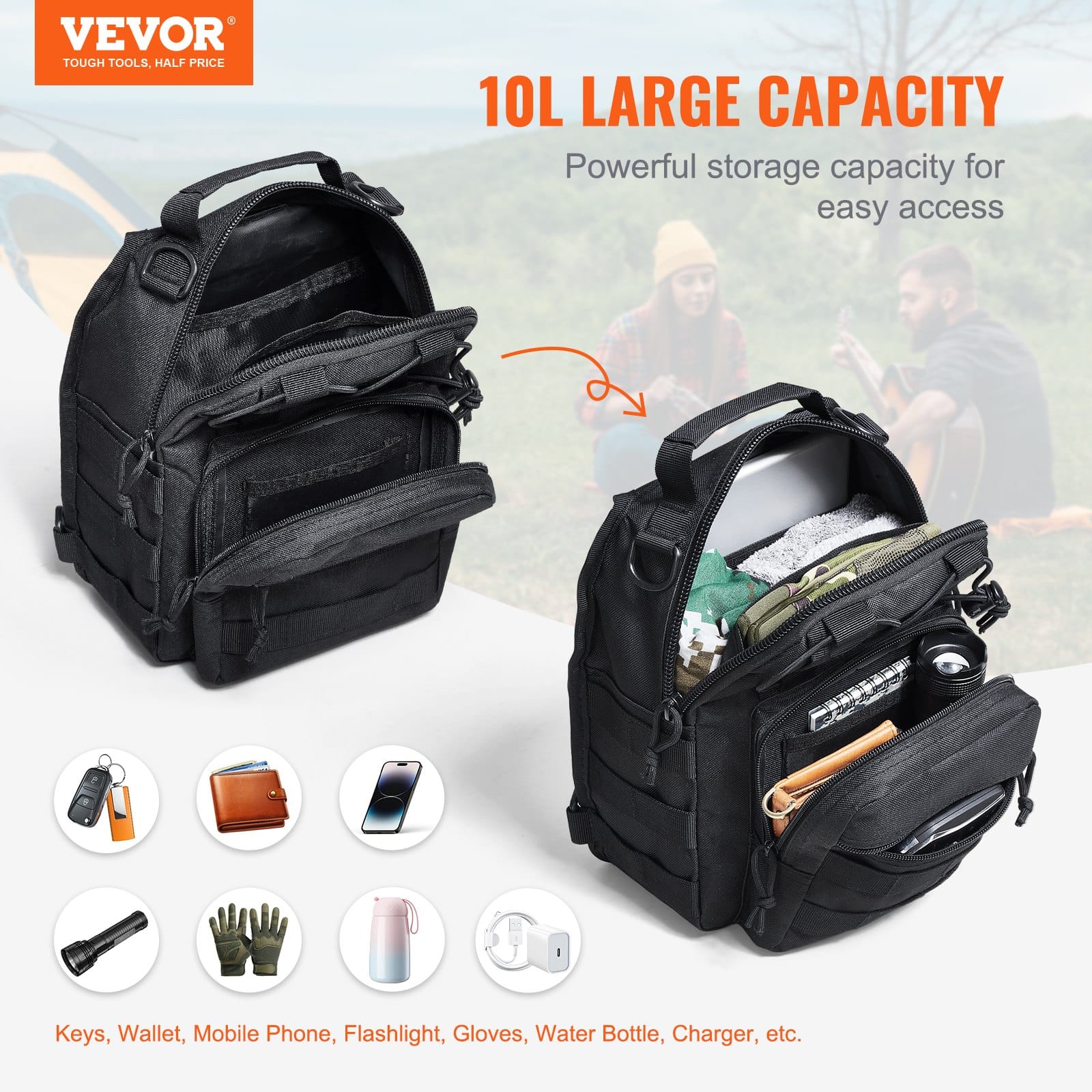 VEVOR 10L Tactical Sling Bag, Waterproof 600D Shoulder Backpack with MOLLE, Multi-Pocket for Hiking, Camping, EDC - Black — attēls 2