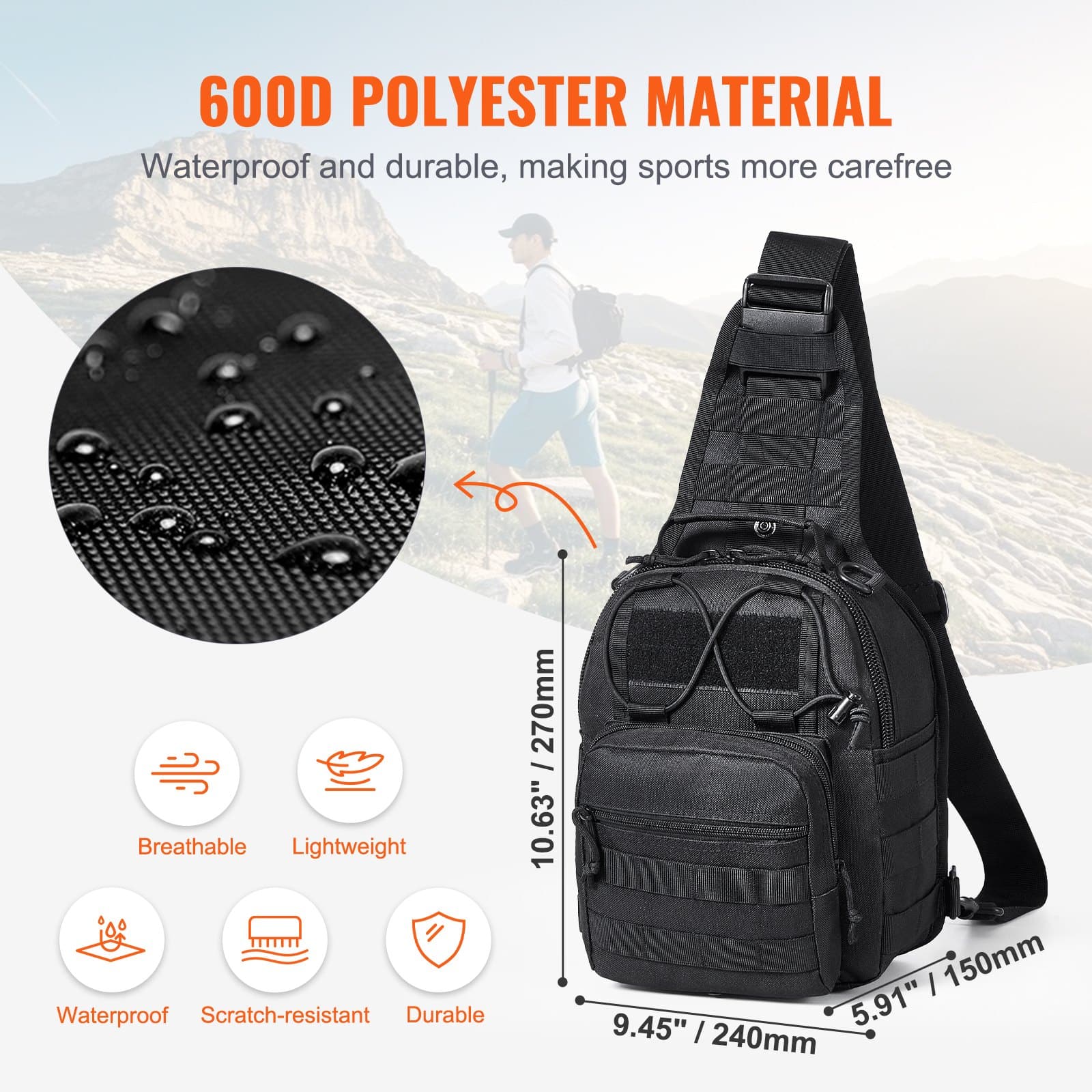 VEVOR 10L Tactical Sling Bag, Waterproof 600D Shoulder Backpack with MOLLE, Multi-Pocket for Hiking, Camping, EDC - Black — attēls 3