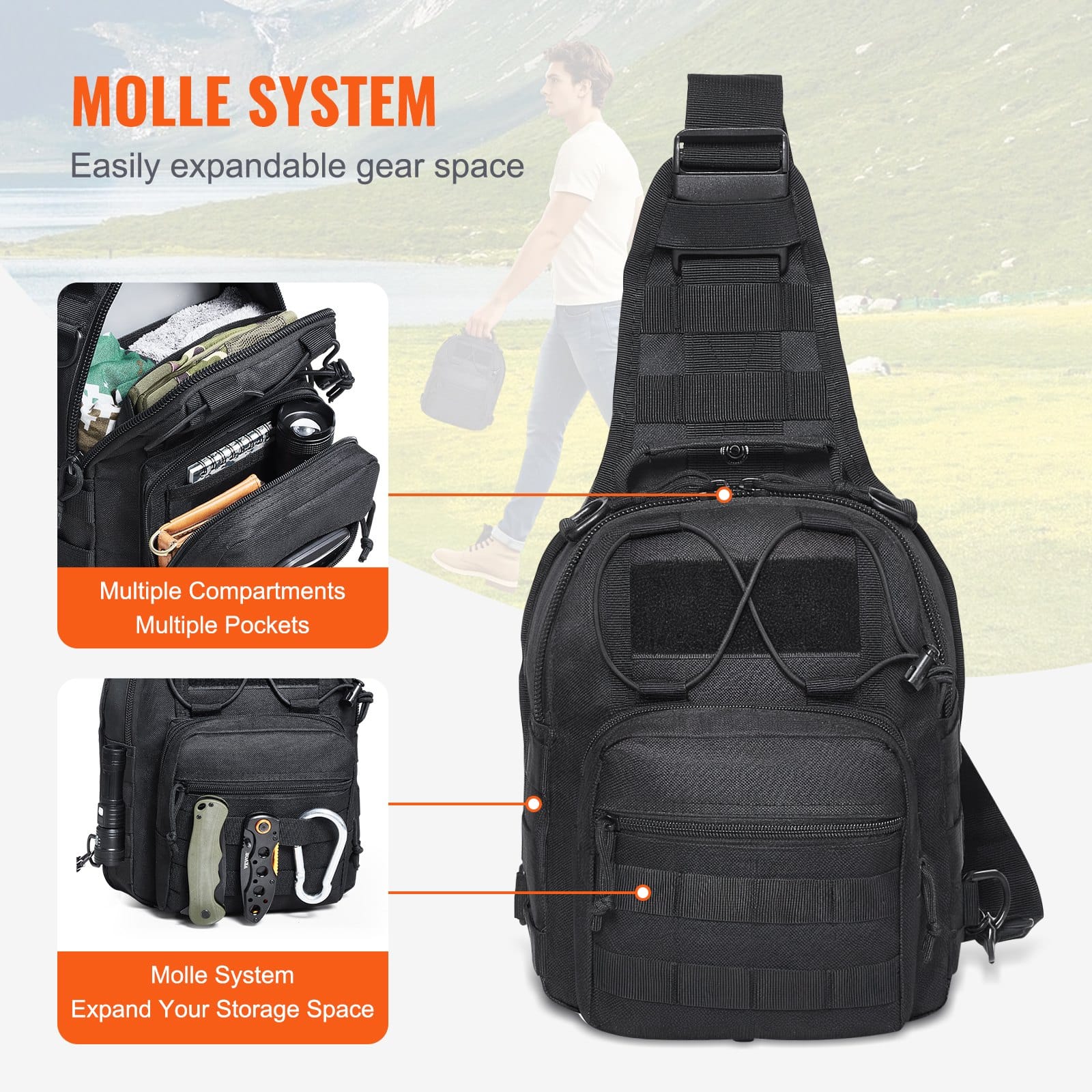 VEVOR 10L Tactical Sling Bag, Waterproof 600D Shoulder Backpack with MOLLE, Multi-Pocket for Hiking, Camping, EDC - Black — attēls 5