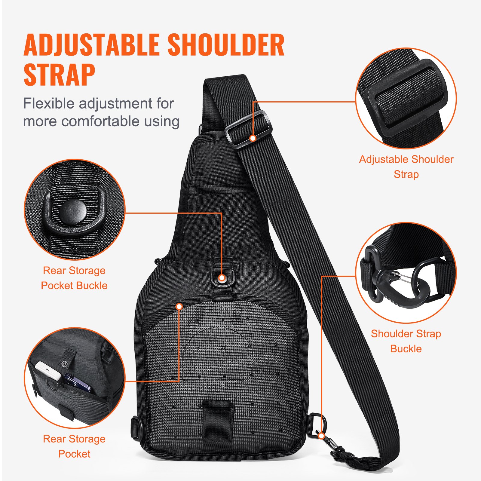 VEVOR 10L Tactical Sling Bag, Waterproof 600D Shoulder Backpack with MOLLE, Multi-Pocket for Hiking, Camping, EDC - Black — attēls 6