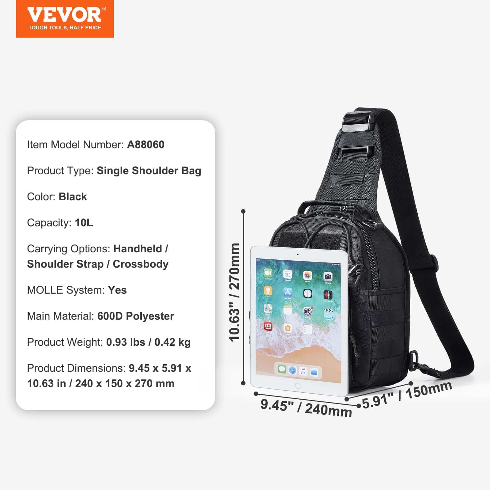 VEVOR 10L Tactical Sling Bag, Waterproof 600D Shoulder Backpack with MOLLE, Multi-Pocket for Hiking, Camping, EDC - Black — attēls 7