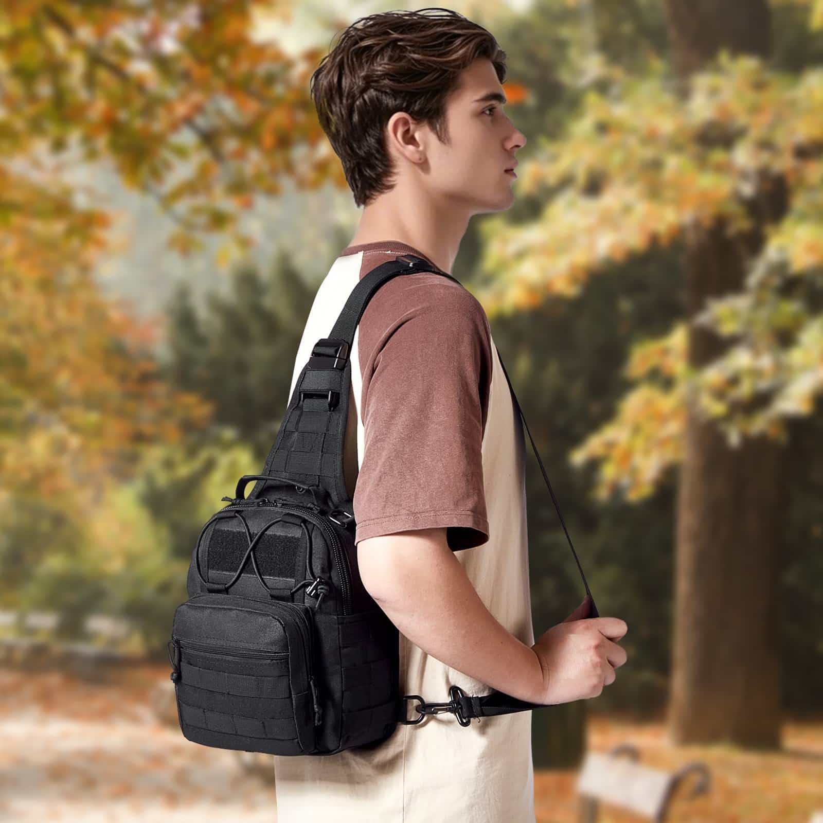 VEVOR 10L Tactical Sling Bag, Waterproof 600D Shoulder Backpack with MOLLE, Multi-Pocket for Hiking, Camping, EDC - Black — attēls 8