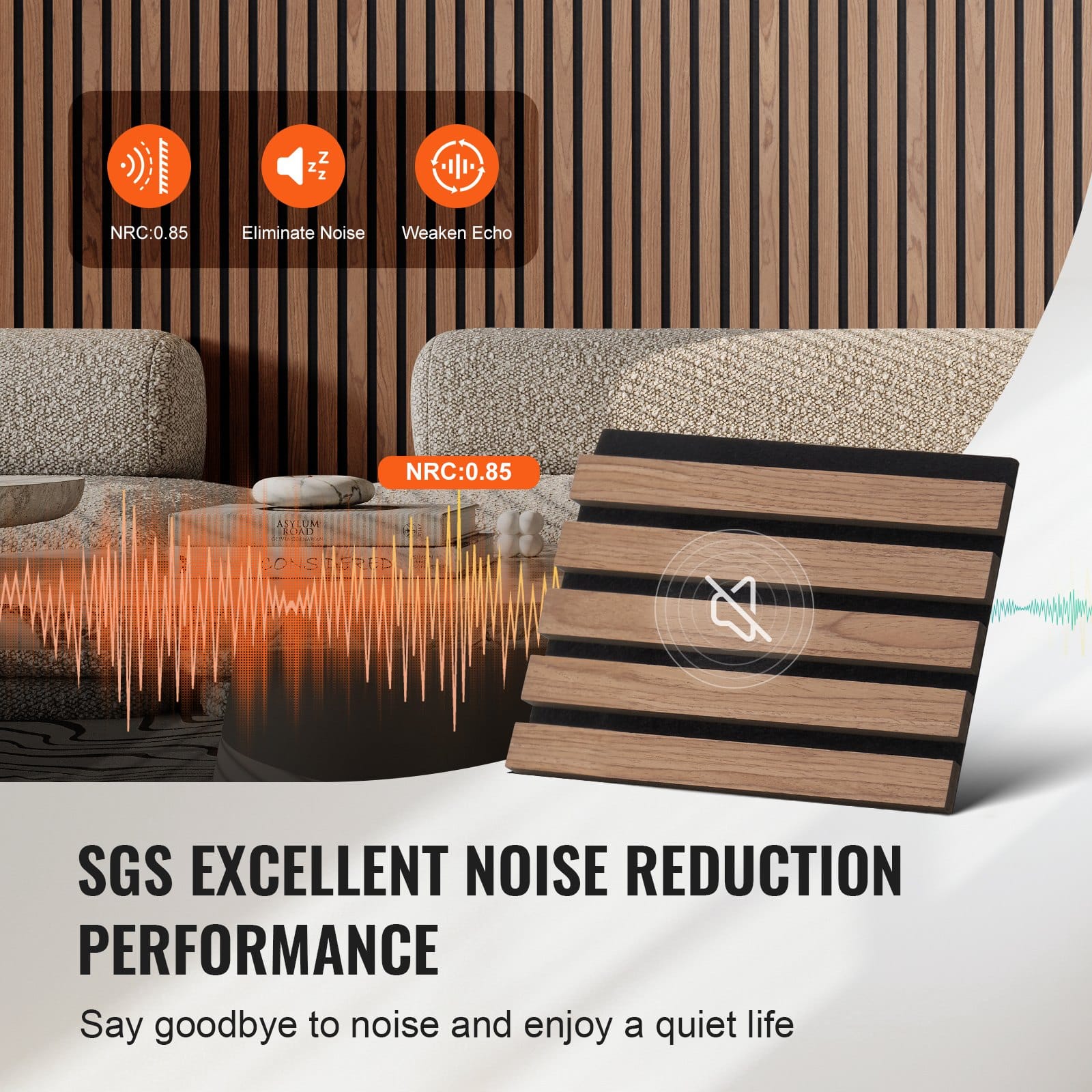 VEVOR Walnut Acoustic Wood Slat Panels 20x240cm MDF Wall Panels for Modern Interior, Noise Reduction & Easy Install, 1pc - Image 4