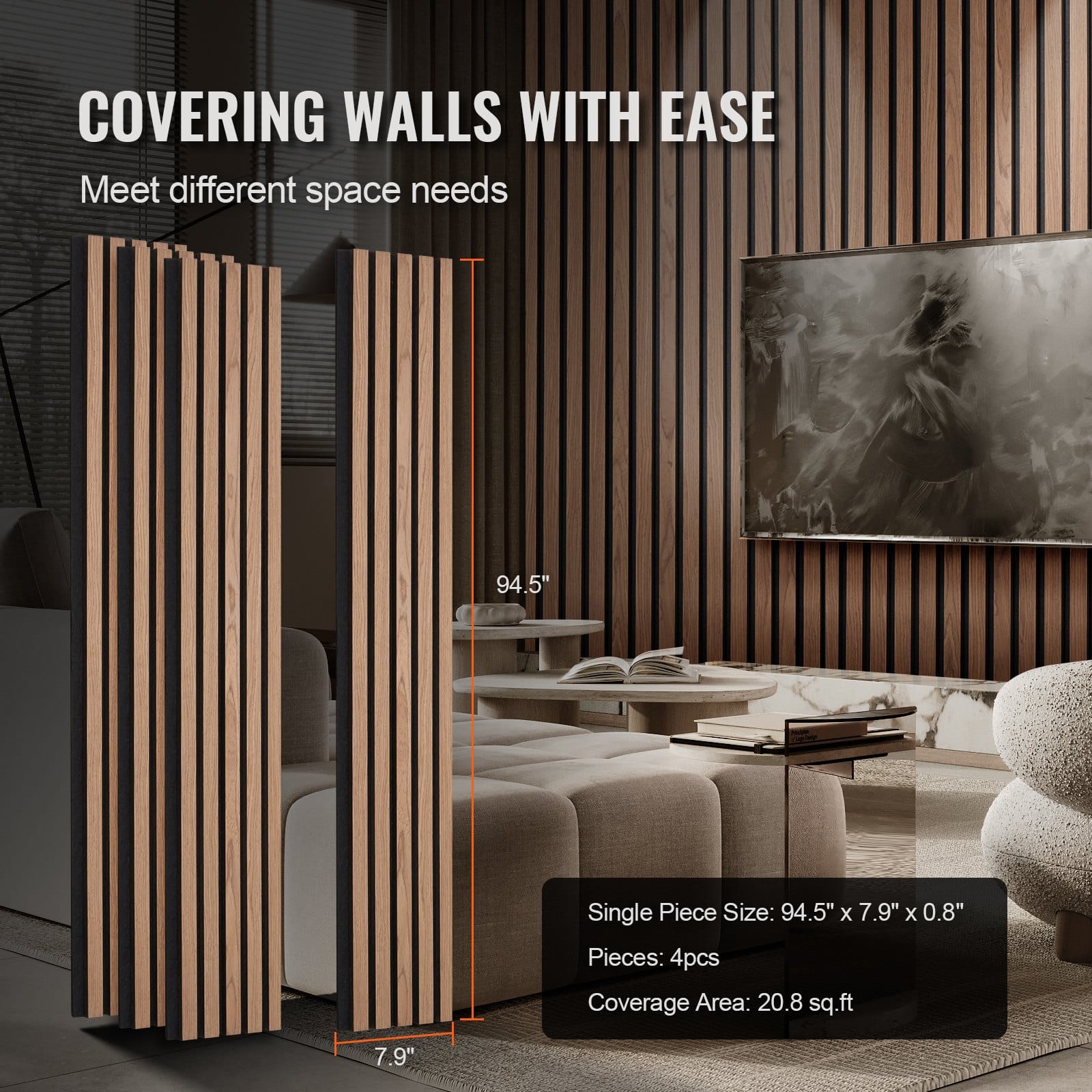 VEVOR Walnut Acoustic Wood Slat Panels 20x240cm MDF Wall Panels for Modern Interior, Noise Reduction & Easy Install, 1pc - Image 6