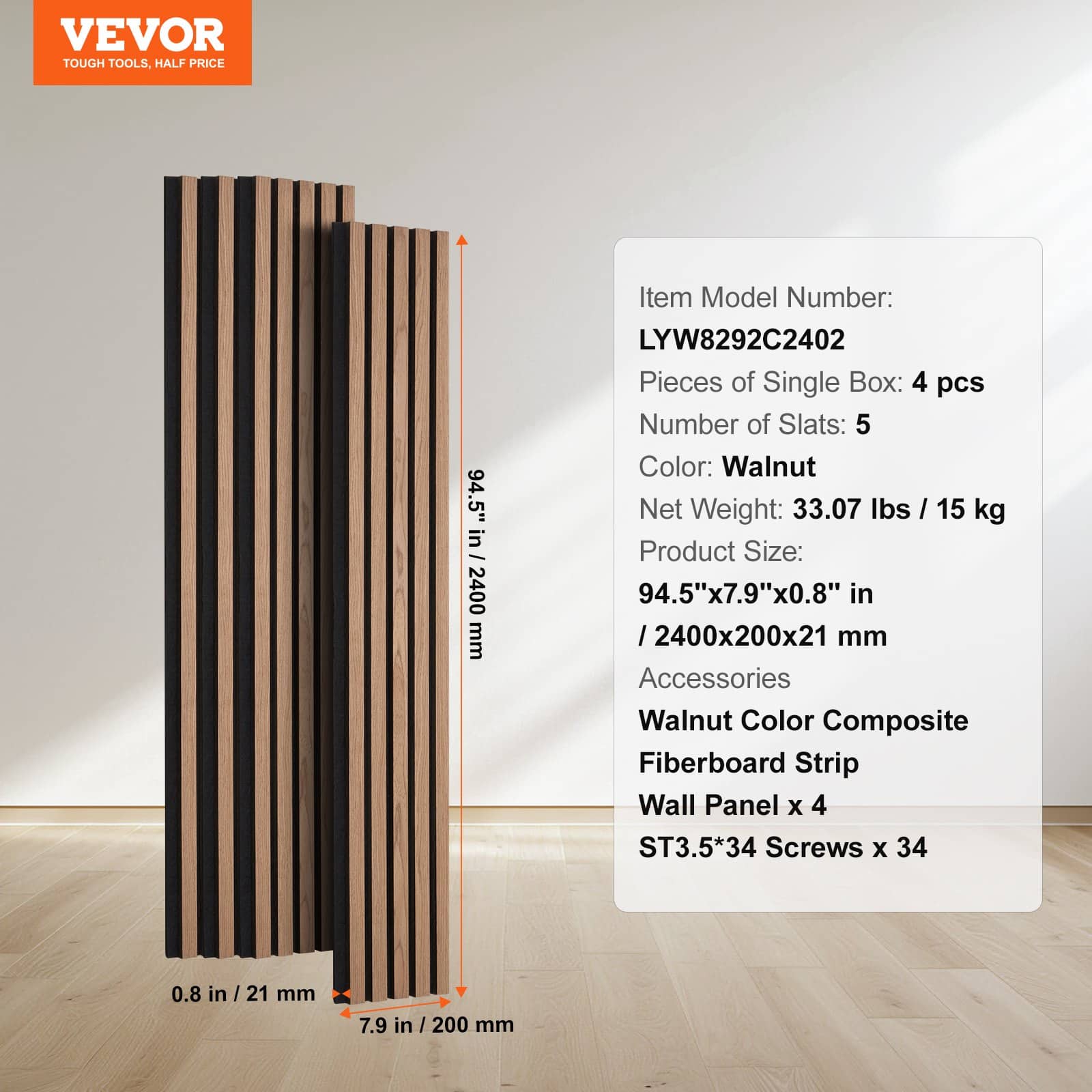 VEVOR Walnut Acoustic Wood Slat Panels 20x240cm MDF Wall Panels for Modern Interior, Noise Reduction & Easy Install, 1pc - Image 7