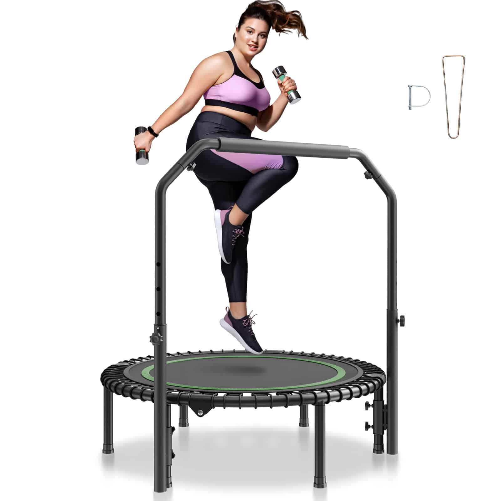 VEVOR 102 cm Foldable Mini Fitness Trampoline with 4-Level Adjustable Handle, 150 kg Capacity for Indoor & Garden Workouts