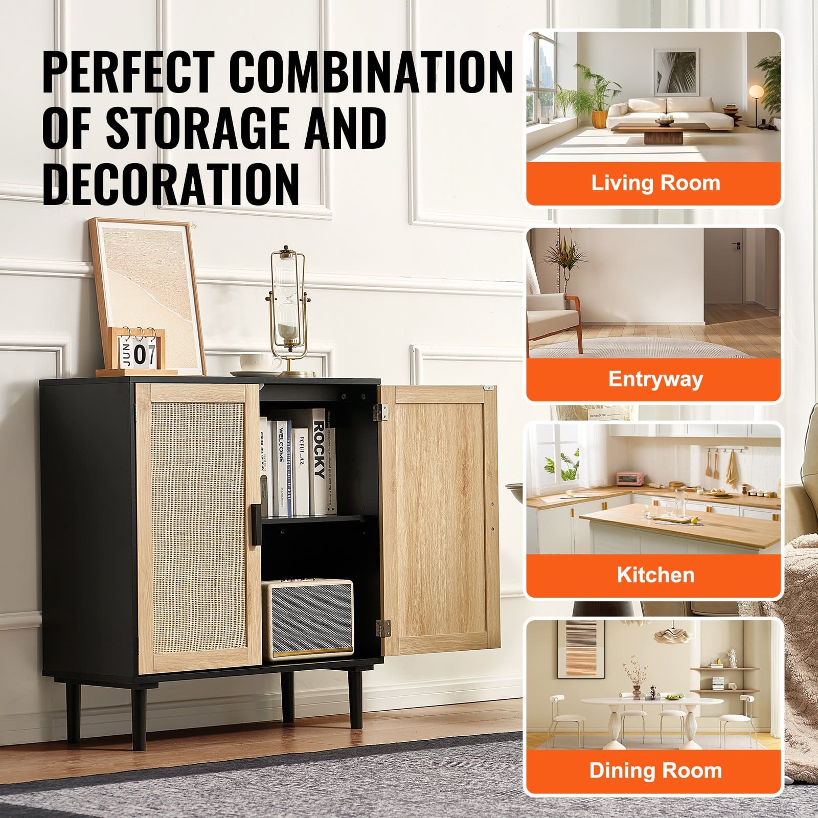 VEVOR Black Rattan Storage Cabinet with 2 Magnetic Doors, Adjustable Shelves, 15 cm Legs – Sideboard for Home Use - Pilt 6