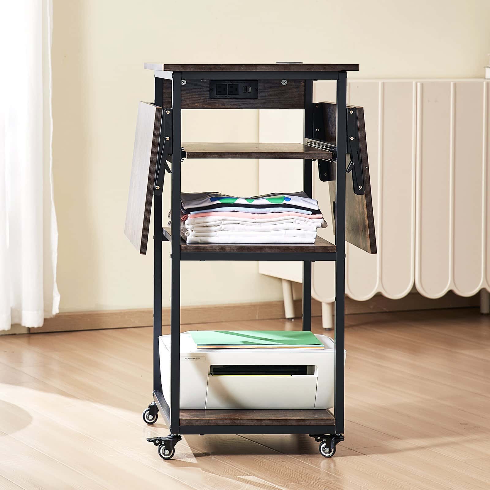 VEVOR 4-Tier Heat Press Table with Charging Station, Foldable Metal Stand with Wheels for Sublimation Machines, Brown – Paveikslėlis 8