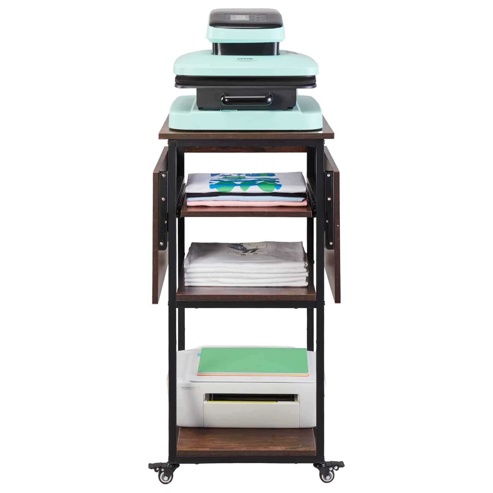 VEVOR 4-Tier Heat Press Table with Charging Station, Foldable Metal Stand with Wheels for Sublimation Machines, Brown – Paveikslėlis 10