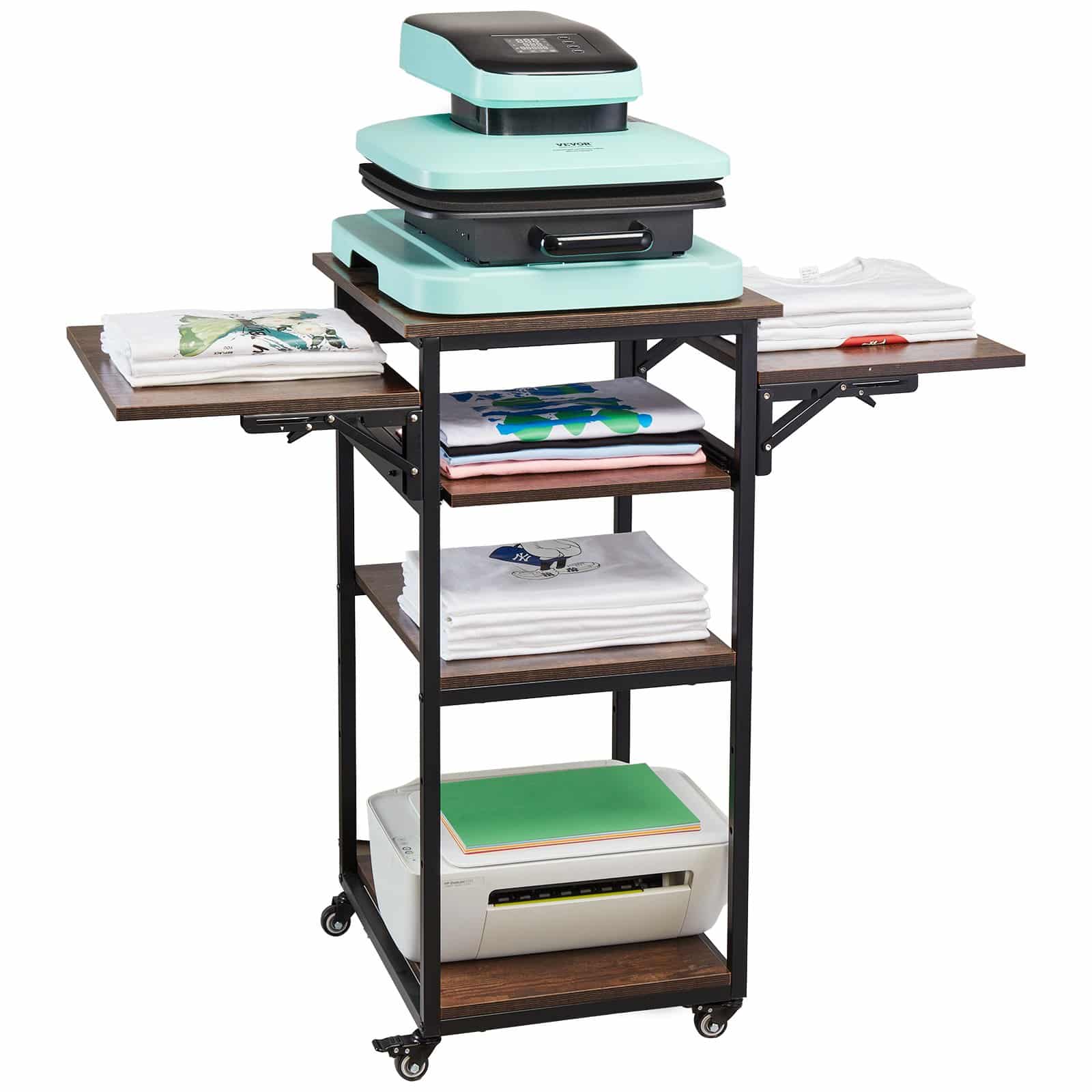 VEVOR 4-Tier Heat Press Table with Charging Station, Foldable Metal Stand with Wheels for Sublimation Machines, Brown – Paveikslėlis 9