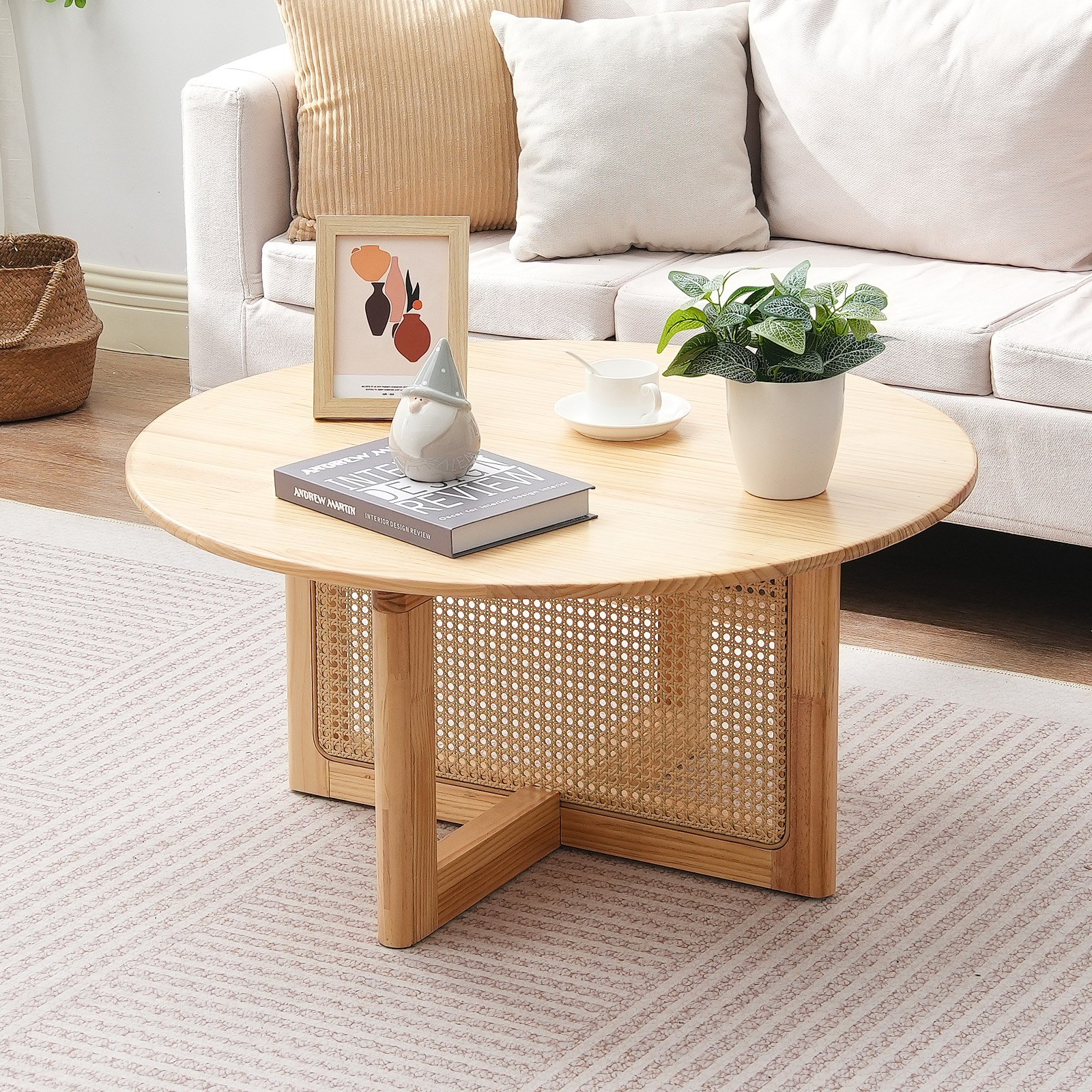 Round Rattan Tea Table VEVOR Round Rattan Coffee Table with Rubber Wood Top, 84 cm Boho-Style ...