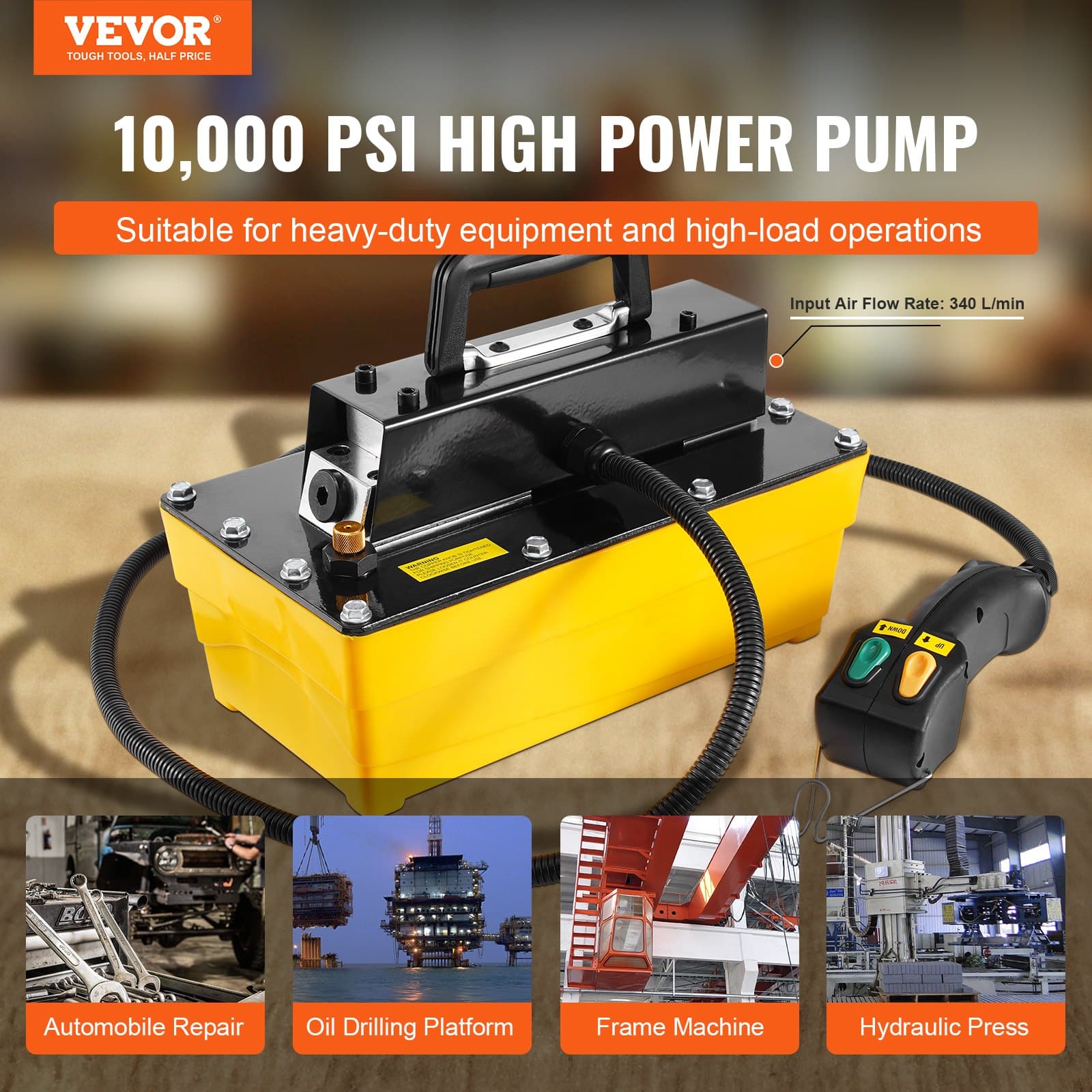 VEVOR 689 bar Air Hydraulic Pump with 2.3 L Tank, Remote Control, 9.5 mm Outlet, 6.4 mm Inlet, for Frame Machines & Presses - Image 2