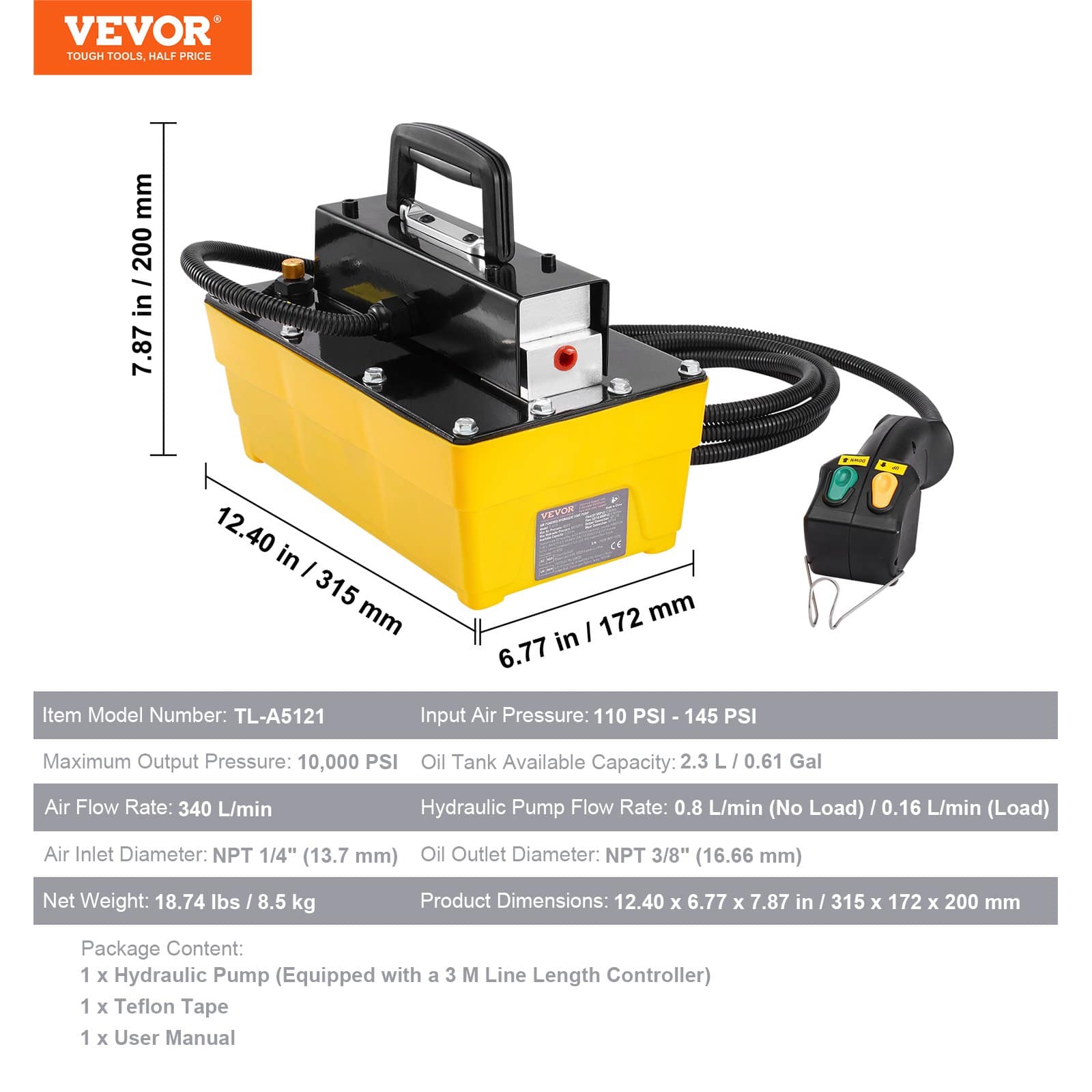 VEVOR 689 bar Air Hydraulic Pump with 2.3 L Tank, Remote Control, 9.5 mm Outlet, 6.4 mm Inlet, for Frame Machines & Presses - Image 7