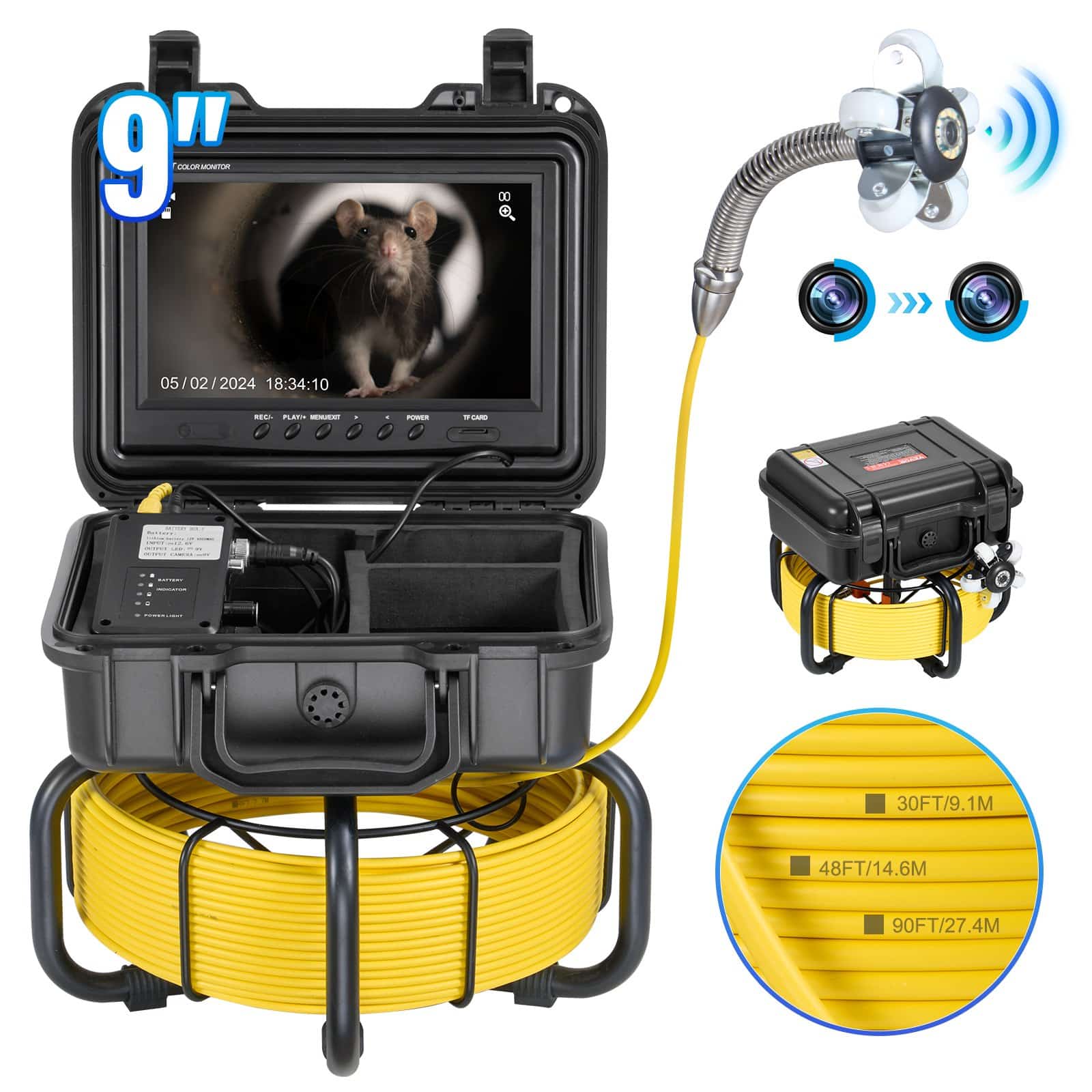 VEVOR 30m Self-Leveling Sewer Inspection Camera with 9" 1080P Screen, 36x Zoom, 12 LED Lights, IP68, 32GB Card