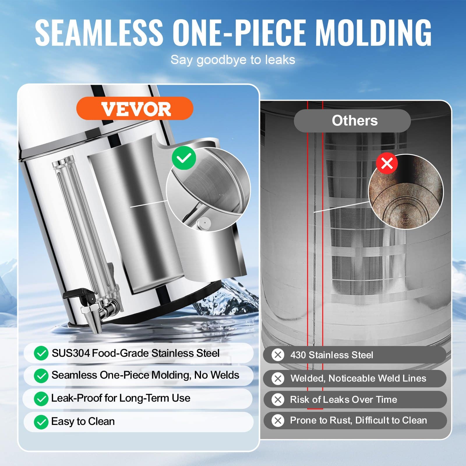 VEVOR 8.5L Gravity Water Filter System, 304 Stainless Steel, Reduces 99% Chlorine & Lead, 2 Carbon Filters, Water Level Spigot - Image 3