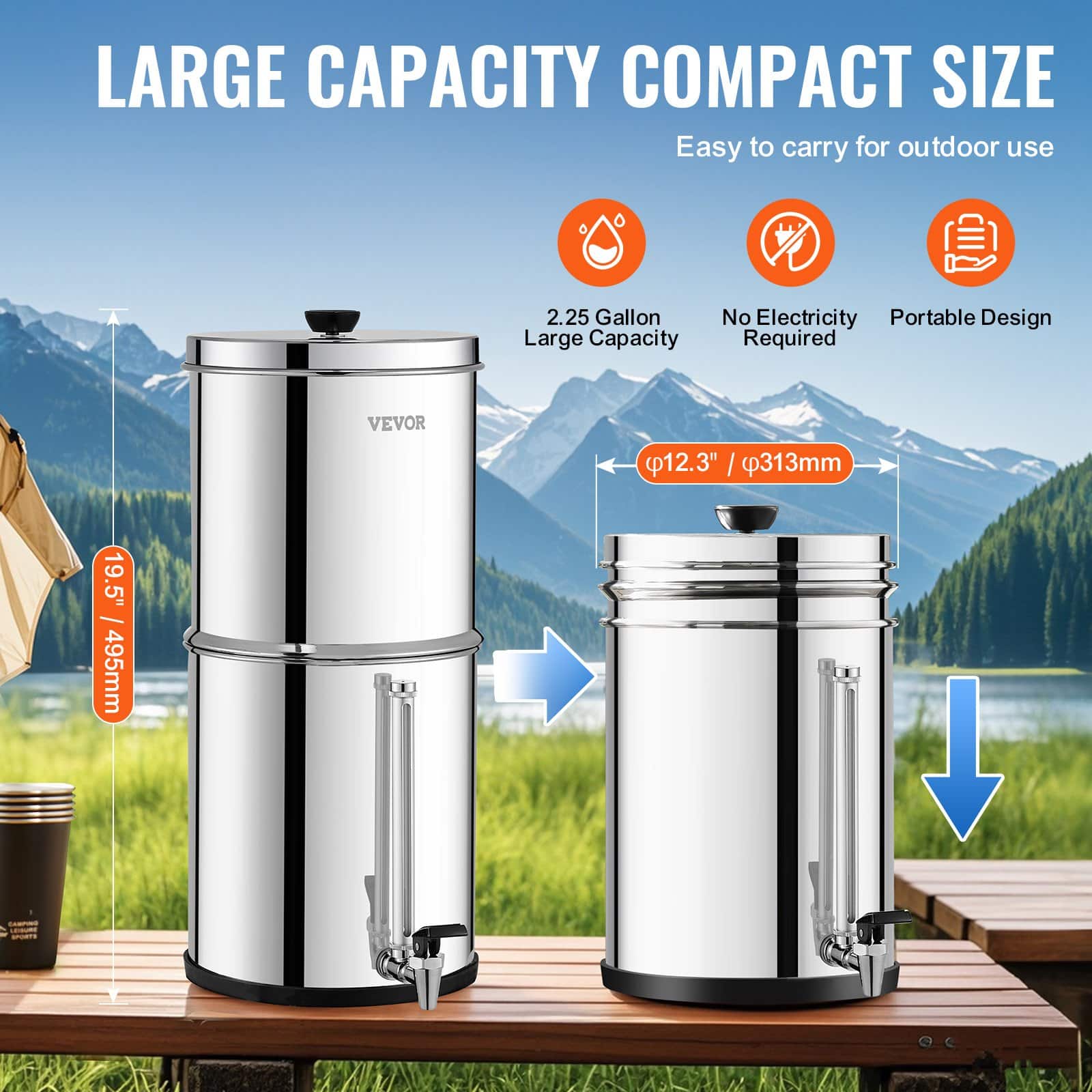 VEVOR 8.5L Gravity Water Filter System, 304 Stainless Steel, Reduces 99% Chlorine & Lead, 2 Carbon Filters, Water Level Spigot - Image 5
