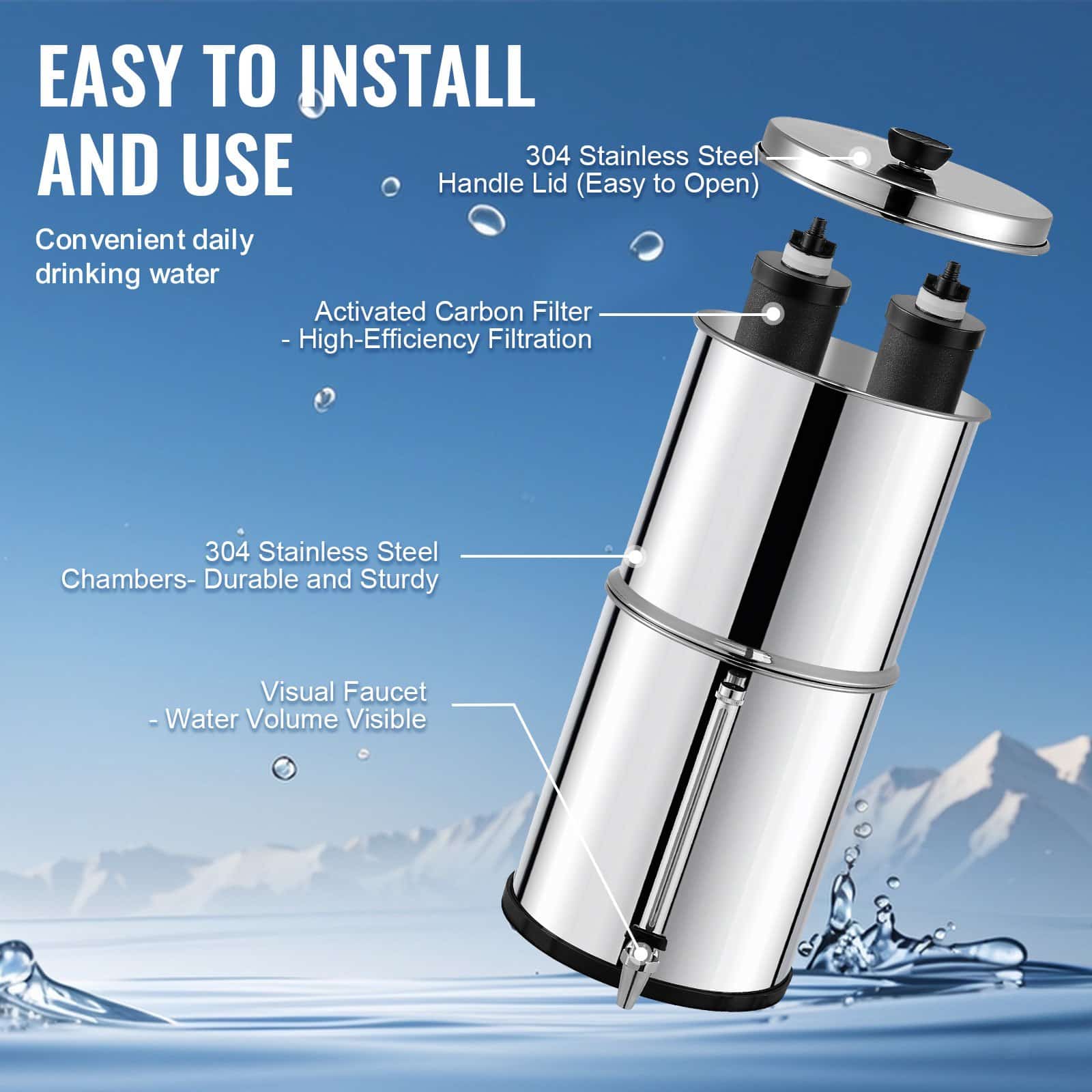 VEVOR 8.5L Gravity Water Filter System, 304 Stainless Steel, Reduces 99% Chlorine & Lead, 2 Carbon Filters, Water Level Spigot - Image 6