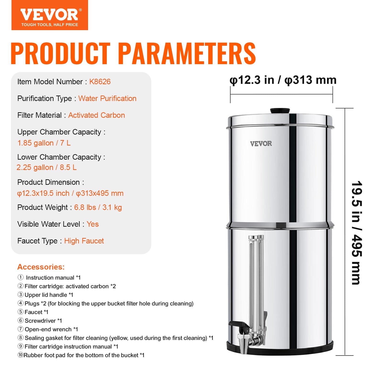 VEVOR 8.5L Gravity Water Filter System, 304 Stainless Steel, Reduces 99% Chlorine & Lead, 2 Carbon Filters, Water Level Spigot - Image 7