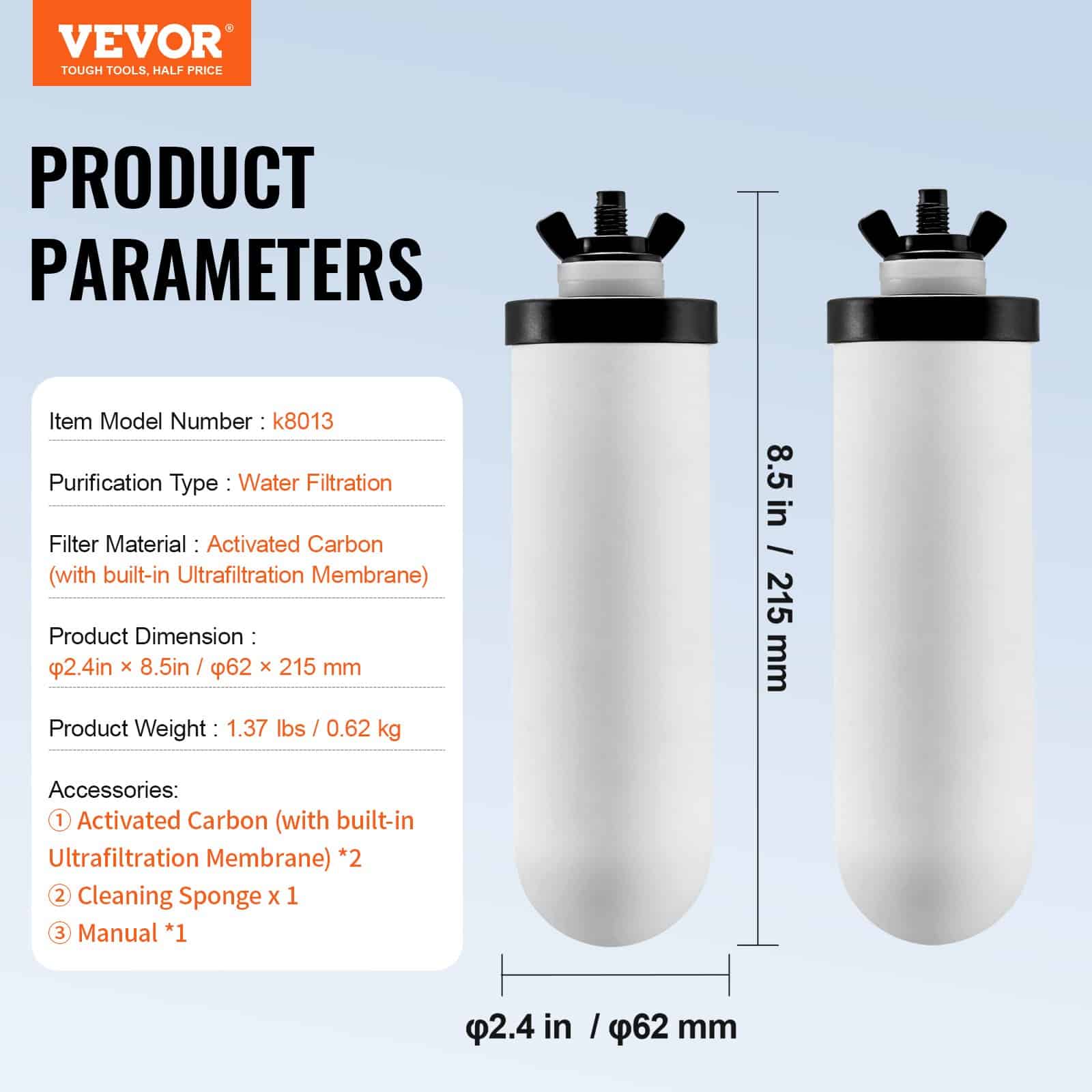 VEVOR Ceramic Water Filter Replacements, 2-Pack, Removes 99.9% Chlorine & Heavy Metals, Compatible with Gravity Systems – Paveikslėlis 7