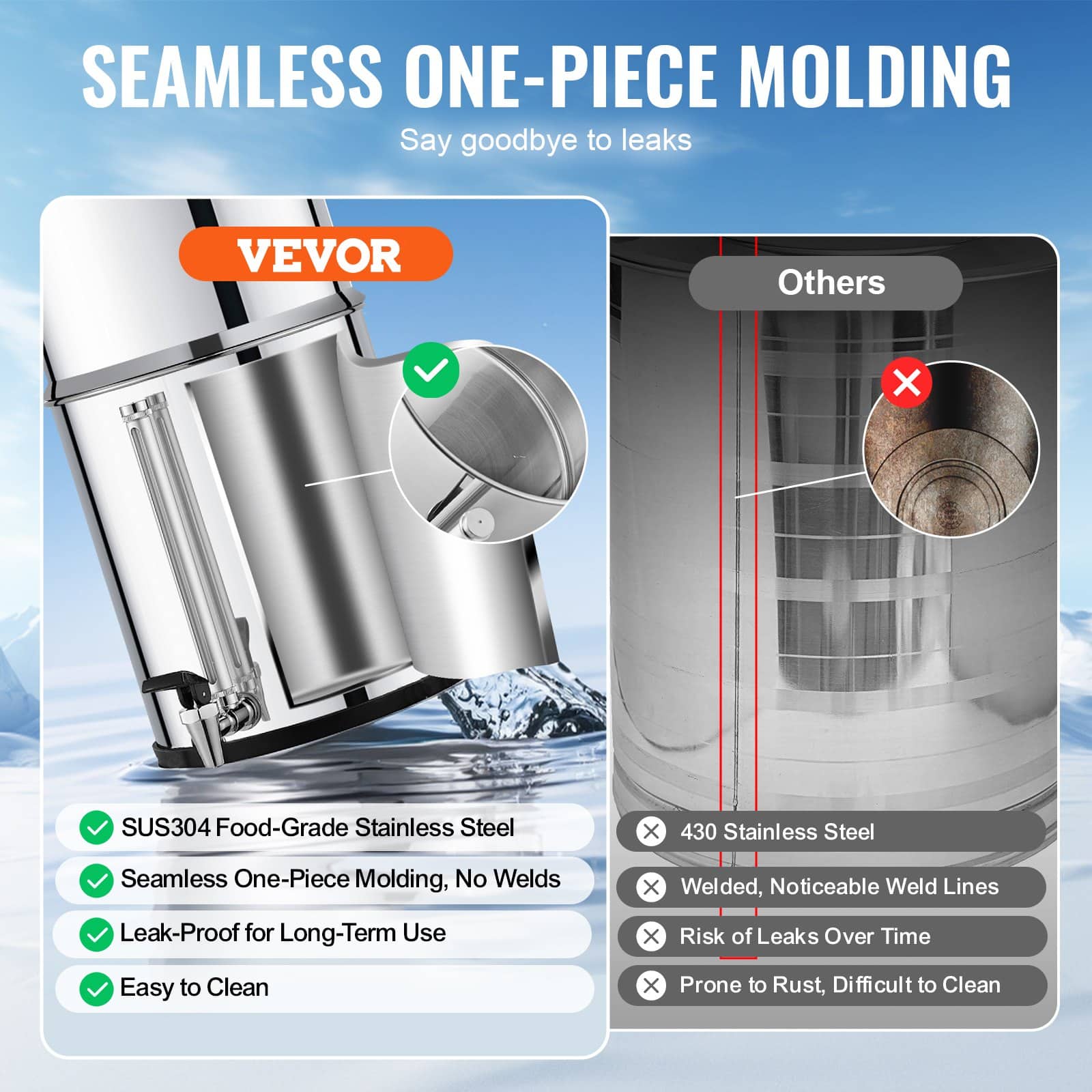 VEVOR 8.5L Gravity Water Filter, 304 Stainless Steel Countertop System with 2 Ceramic Carbon Filters, Reduces Chlorine & Lead - Image 3