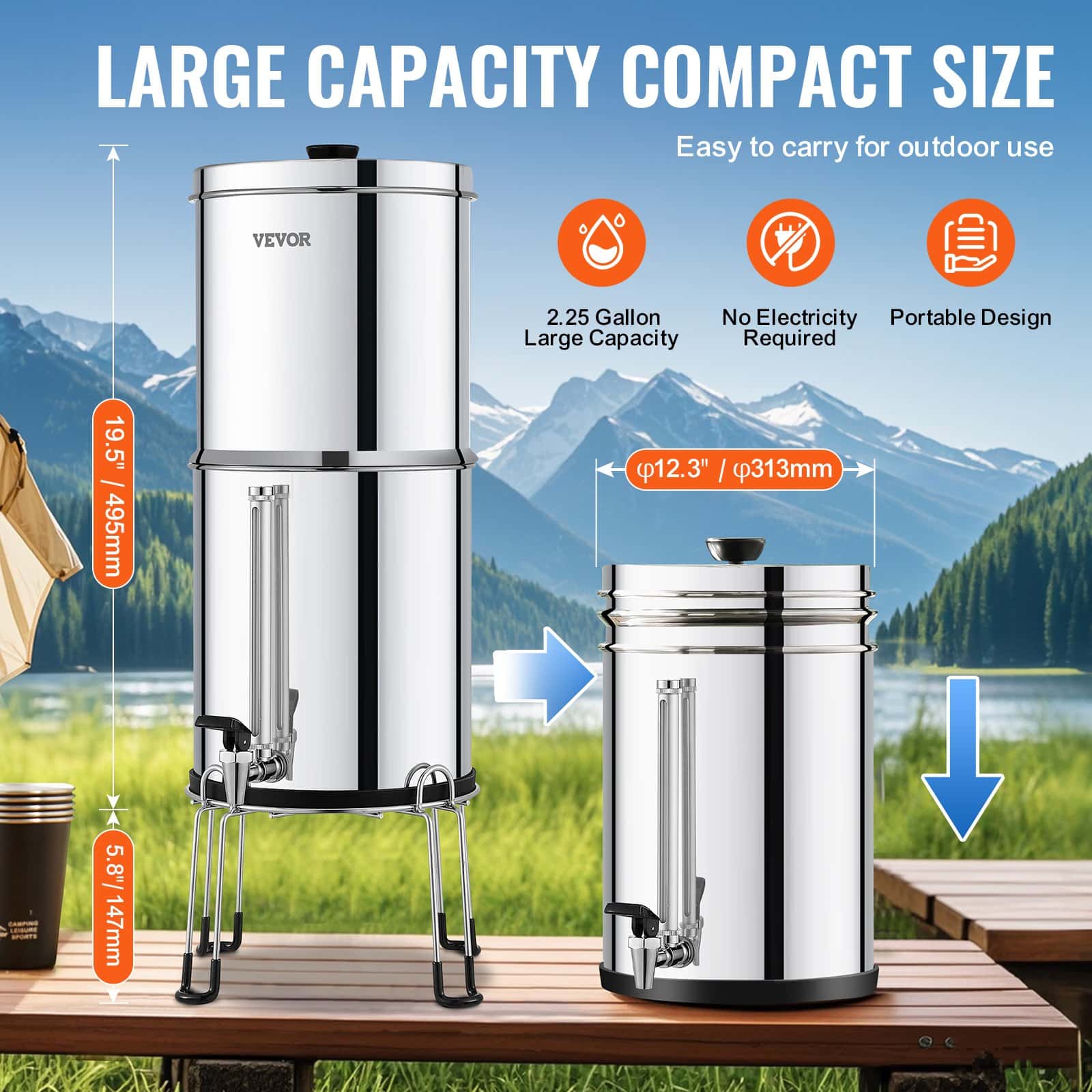 VEVOR 8.5L Gravity Water Filter, 304 Stainless Steel Countertop System with 2 Ceramic Carbon Filters, Reduces Chlorine & Lead - Image 5
