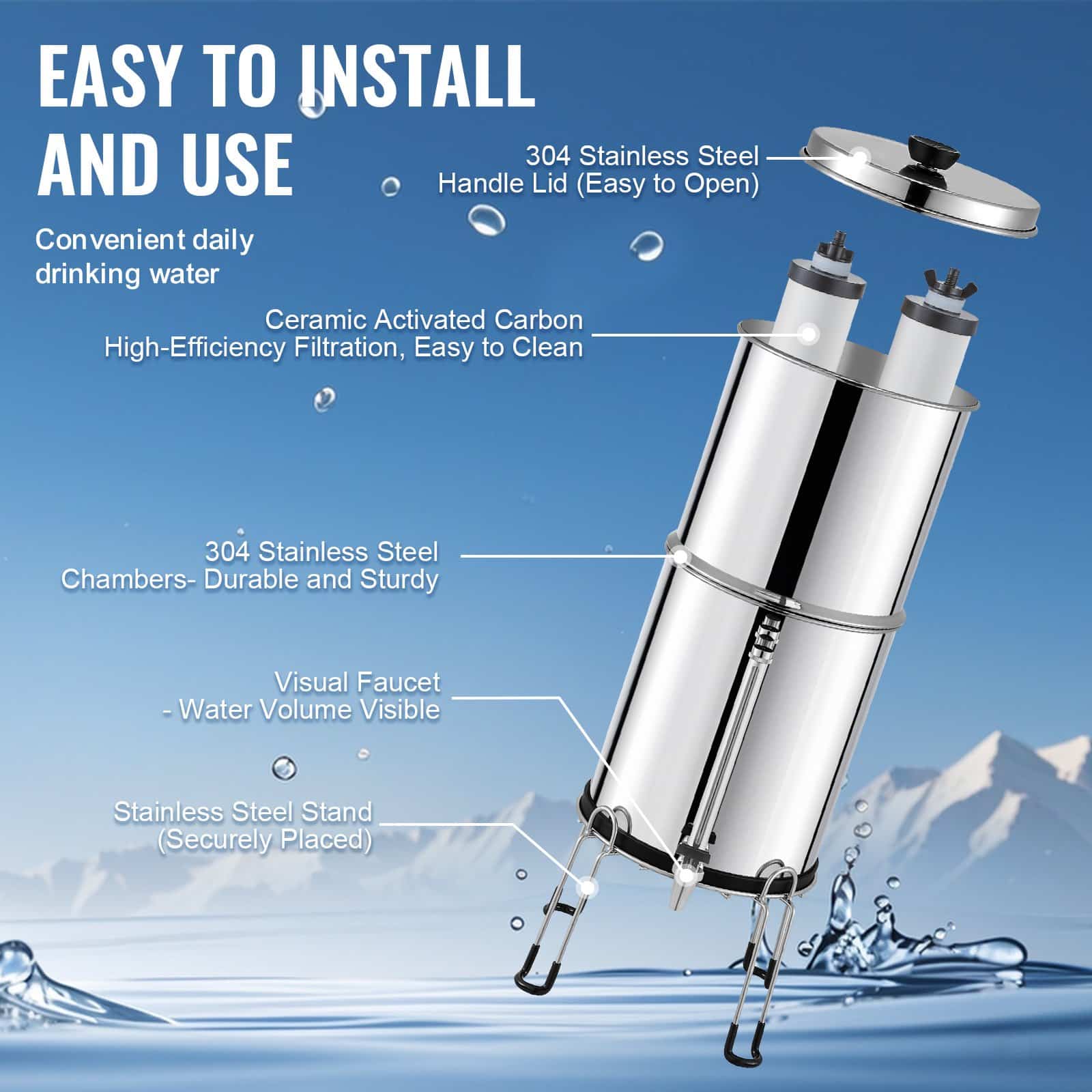 VEVOR 8.5L Gravity Water Filter, 304 Stainless Steel Countertop System with 2 Ceramic Carbon Filters, Reduces Chlorine & Lead - Image 6