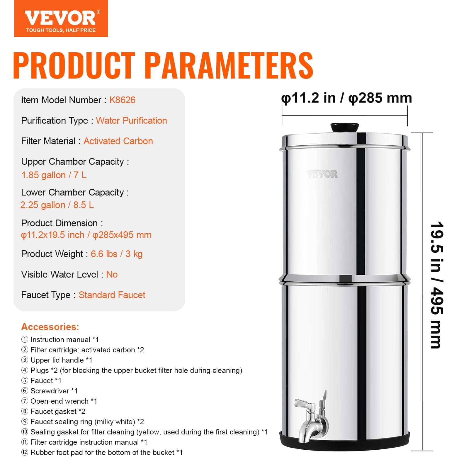 VEVOR 8.5L Gravity Water Filter System, 304 Stainless Steel, 2 Carbon Filters, Reduces Chlorine & Lead, for Home/Camping/RV - Image 7