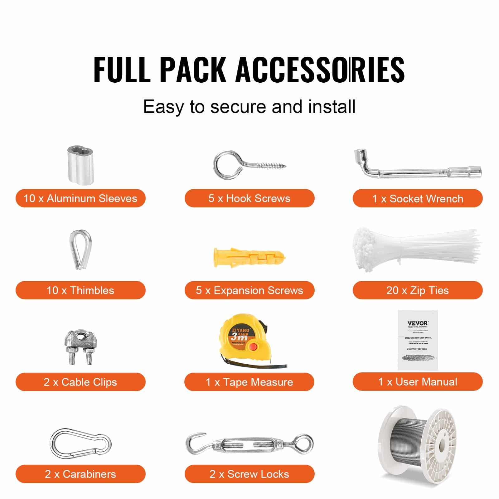 VEVOR Wire Rope Kit 3.18 mm 30.5 m Stainless Steel Cable with 59 Accessories, 2.9 kN Strength, for Decking Fence Outdoors — изображение 6