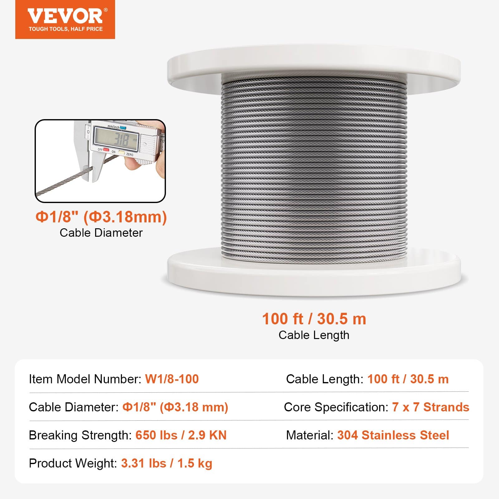 VEVOR Wire Rope Kit 3.18 mm 30.5 m Stainless Steel Cable with 59 Accessories, 2.9 kN Strength, for Decking Fence Outdoors — изображение 7