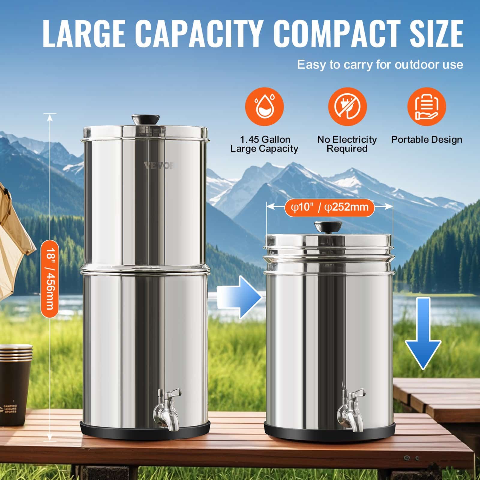VEVOR 5.5L Gravity Water Filter System, 304 Stainless Steel, 2 Carbon Filters, Reduces 99% Chlorine & Lead, for Home/Camping - Image 5