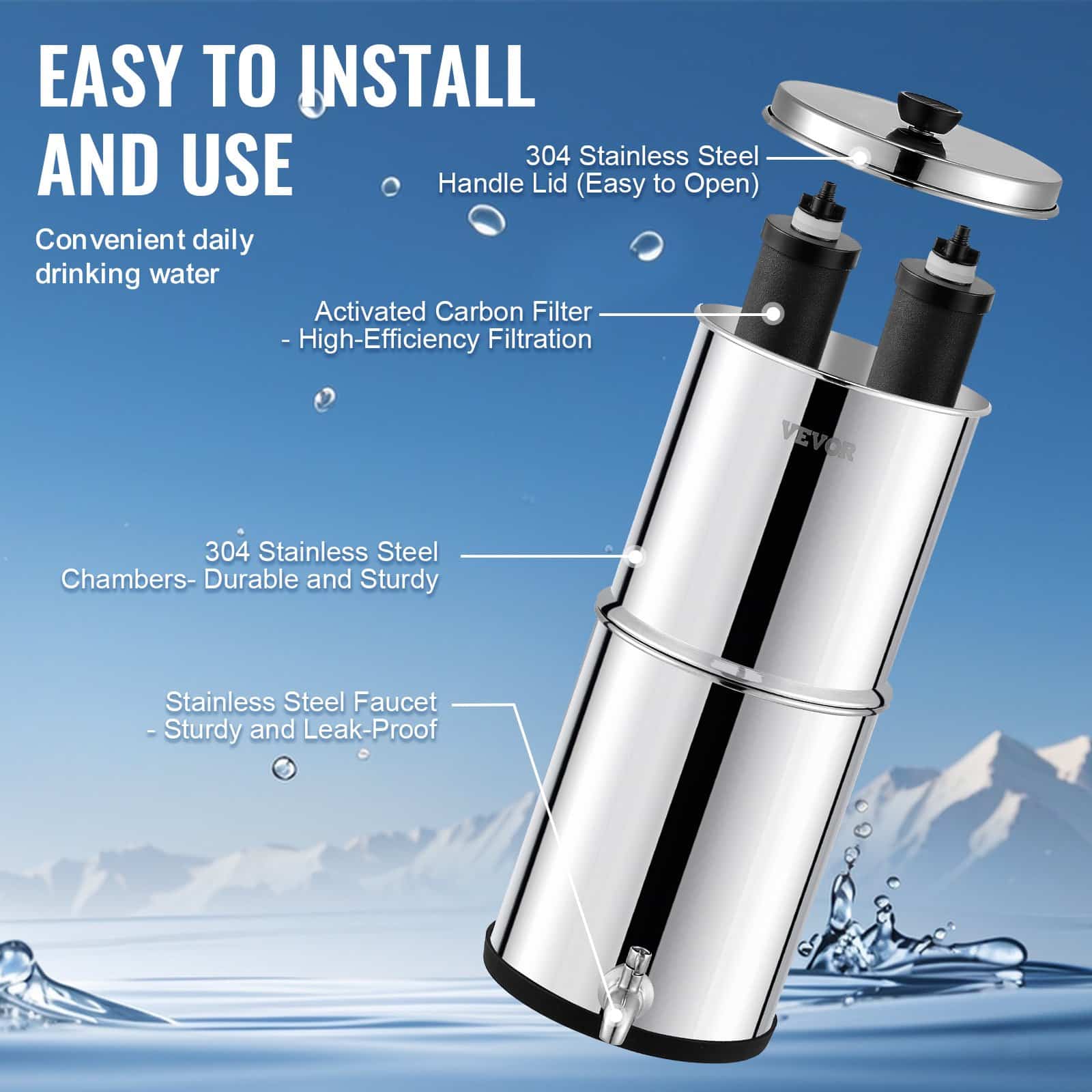 VEVOR 5.5L Gravity Water Filter System, 304 Stainless Steel, 2 Carbon Filters, Reduces 99% Chlorine & Lead, for Home/Camping - Image 6