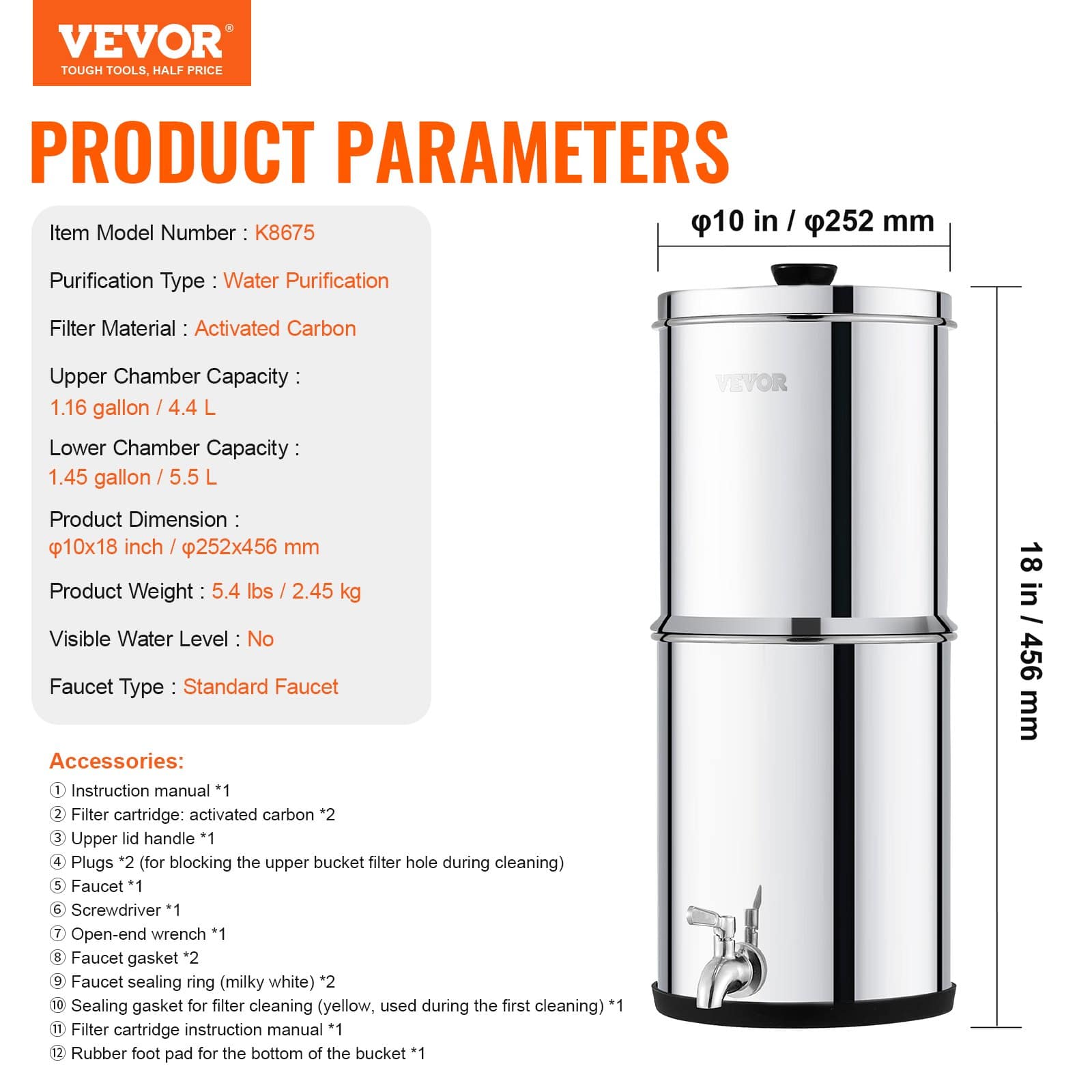 VEVOR 5.5L Gravity Water Filter System, 304 Stainless Steel, 2 Carbon Filters, Reduces 99% Chlorine & Lead, for Home/Camping - Image 7