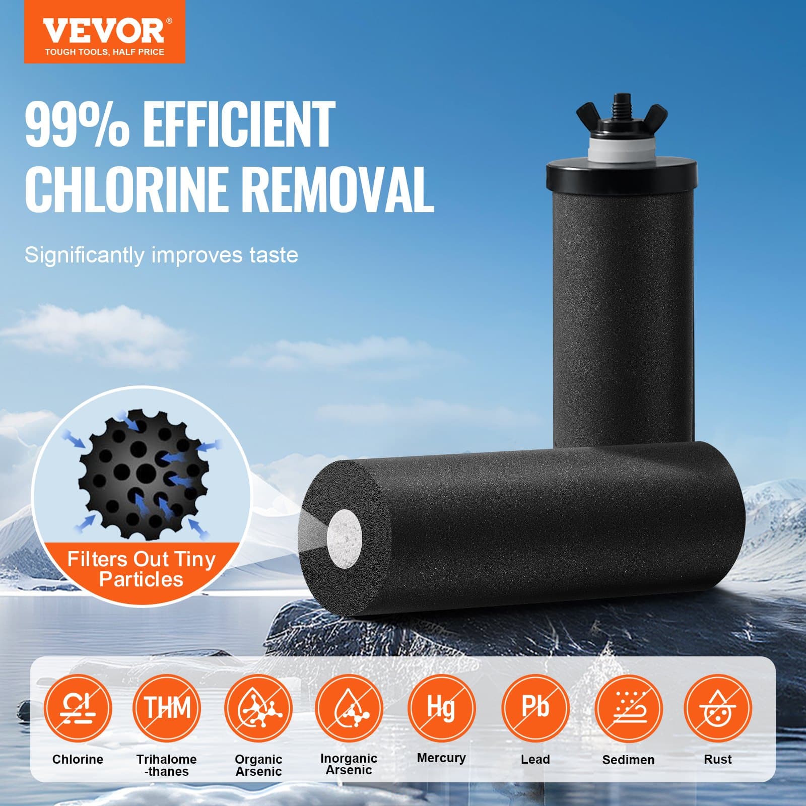 VEVOR 8.5L Stainless Steel Gravity Water Filter, 2 Carbon Filters, Visual Spigot, Stand, Removes 99% Chlorine & Heavy Metals - Image 2
