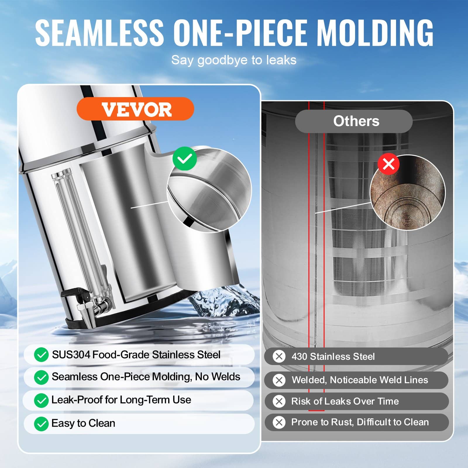 VEVOR 8.5L Stainless Steel Gravity Water Filter, 2 Carbon Filters, Visual Spigot, Stand, Removes 99% Chlorine & Heavy Metals - Image 3