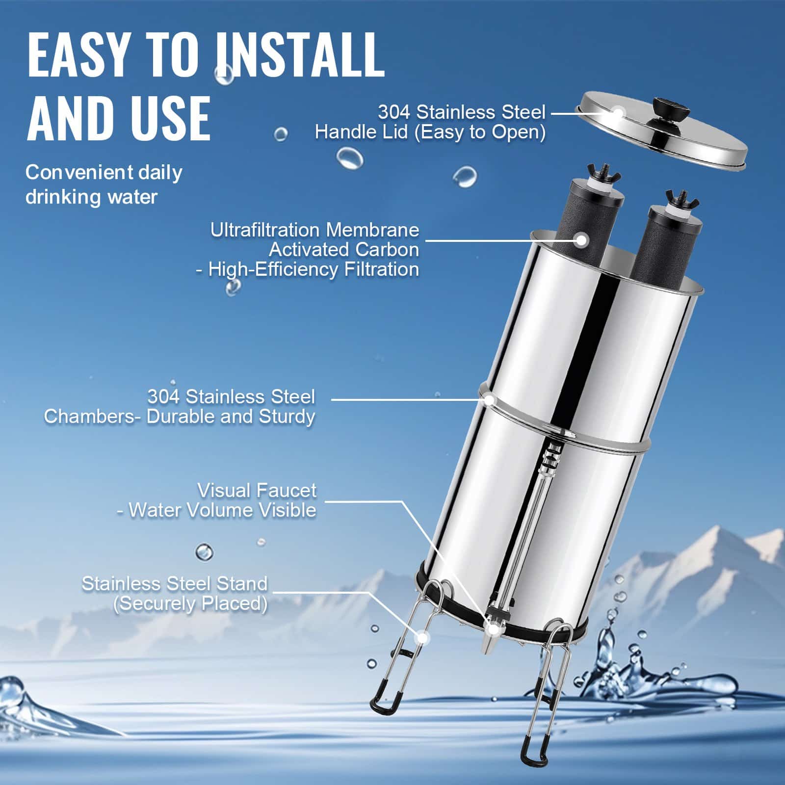 VEVOR 8.5L Stainless Steel Gravity Water Filter, 2 Carbon Filters, Visual Spigot, Stand, Removes 99% Chlorine & Heavy Metals - Image 6