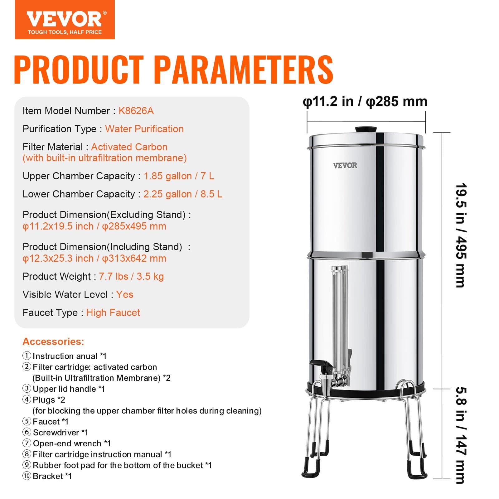VEVOR 8.5L Stainless Steel Gravity Water Filter, 2 Carbon Filters, Visual Spigot, Stand, Removes 99% Chlorine & Heavy Metals - Image 7
