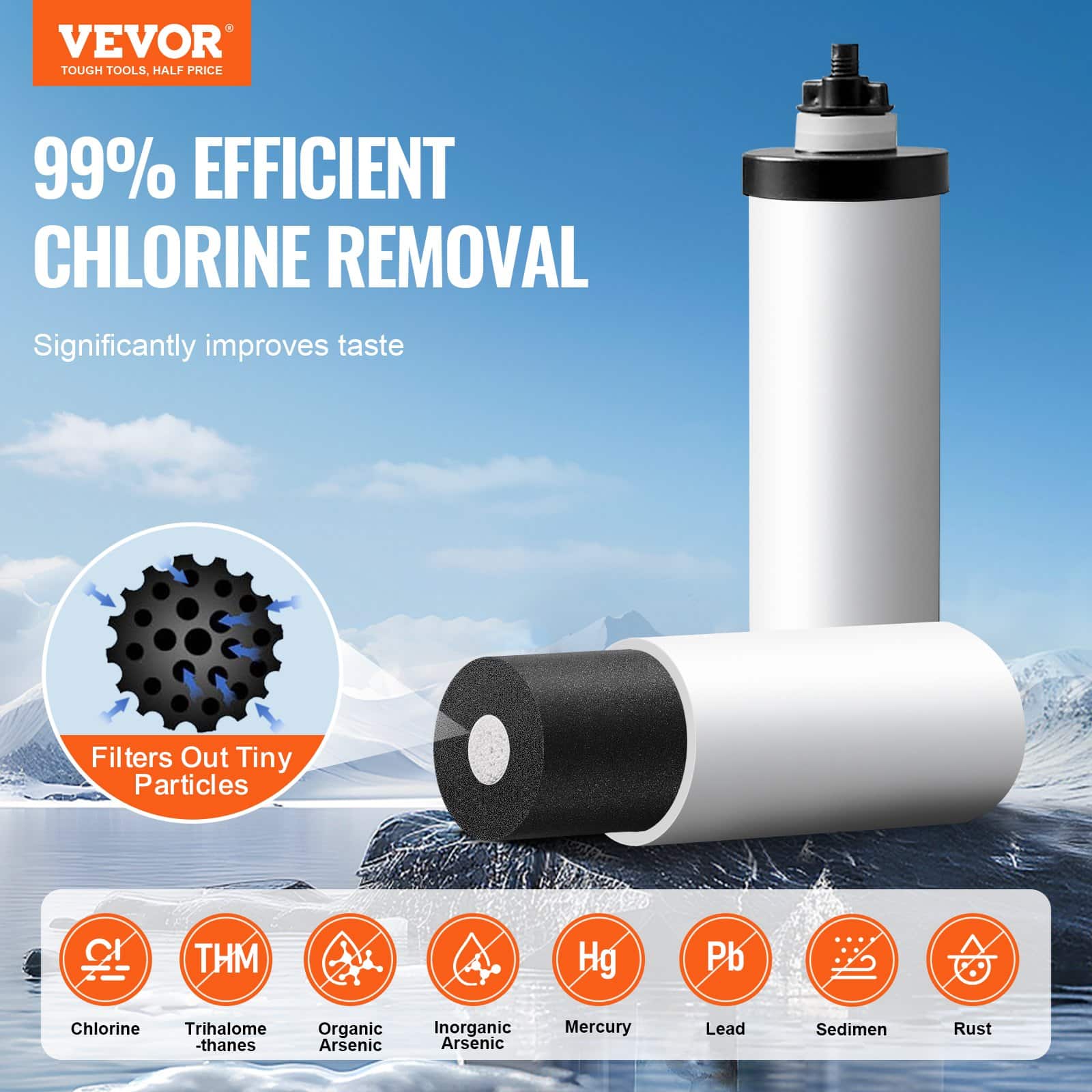 VEVOR 8.5L Gravity-Fed Stainless Steel Water Filter System with 2 Ceramic Carbon Filters, Spigot & Stand, Removes 99% Chlorine — attēls 2