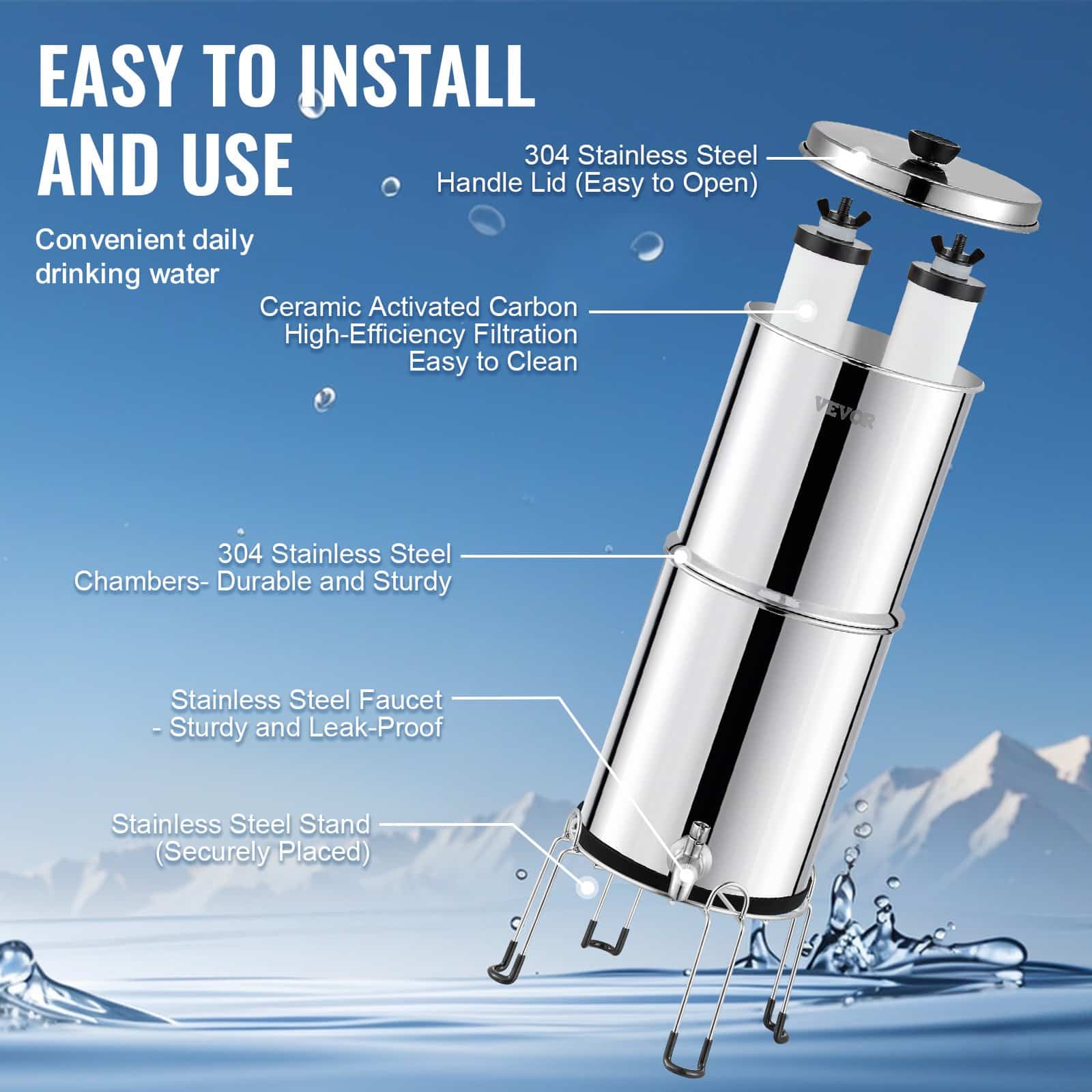 VEVOR 8.5L Gravity-Fed Stainless Steel Water Filter System with 2 Ceramic Carbon Filters, Spigot & Stand, Removes 99% Chlorine — attēls 6