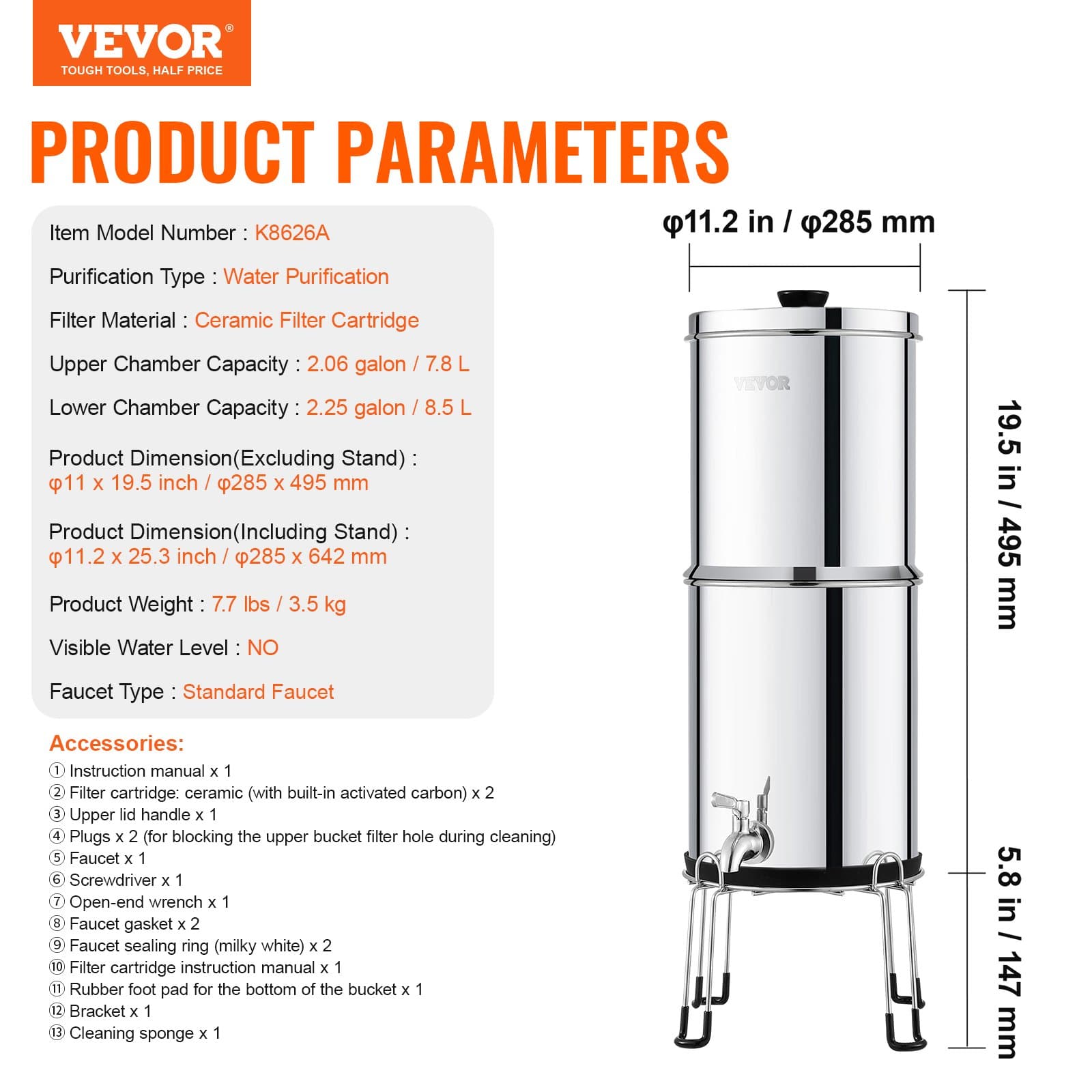 VEVOR 8.5L Gravity-Fed Stainless Steel Water Filter System with 2 Ceramic Carbon Filters, Spigot & Stand, Removes 99% Chlorine — attēls 7